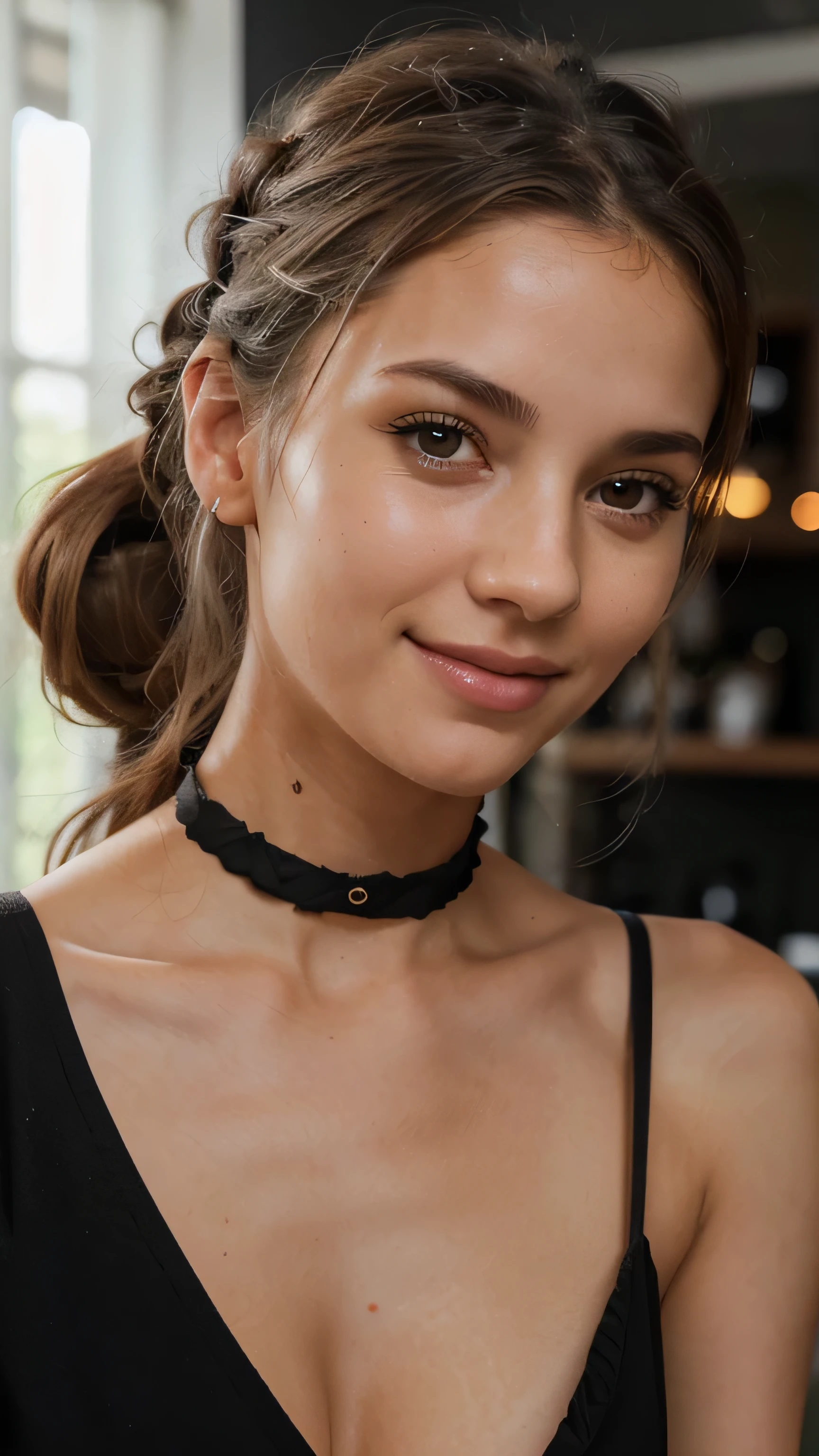 Beautiful girl, with white-gray wavy hair, hair tied in a ponytail, holding her head with her hand, with a good figure, {in a black dress, in a white restaurant, with a choker on her neck with a sexy open mouth} 25 years old, high detail, sharp focus , detailed skin, realistic skin texture, texture, detailed eyes, professional, 4k, charming smile, shot on canon, 85mm, shallow depth of field, kodak vision color, perfect body fit, extremely detailed, foto_\(ultra\), photo realistic, realistic, post processing, maximum detail, rough, real life, ultra realistic, photo realism, photography, 8k uhd, photography.