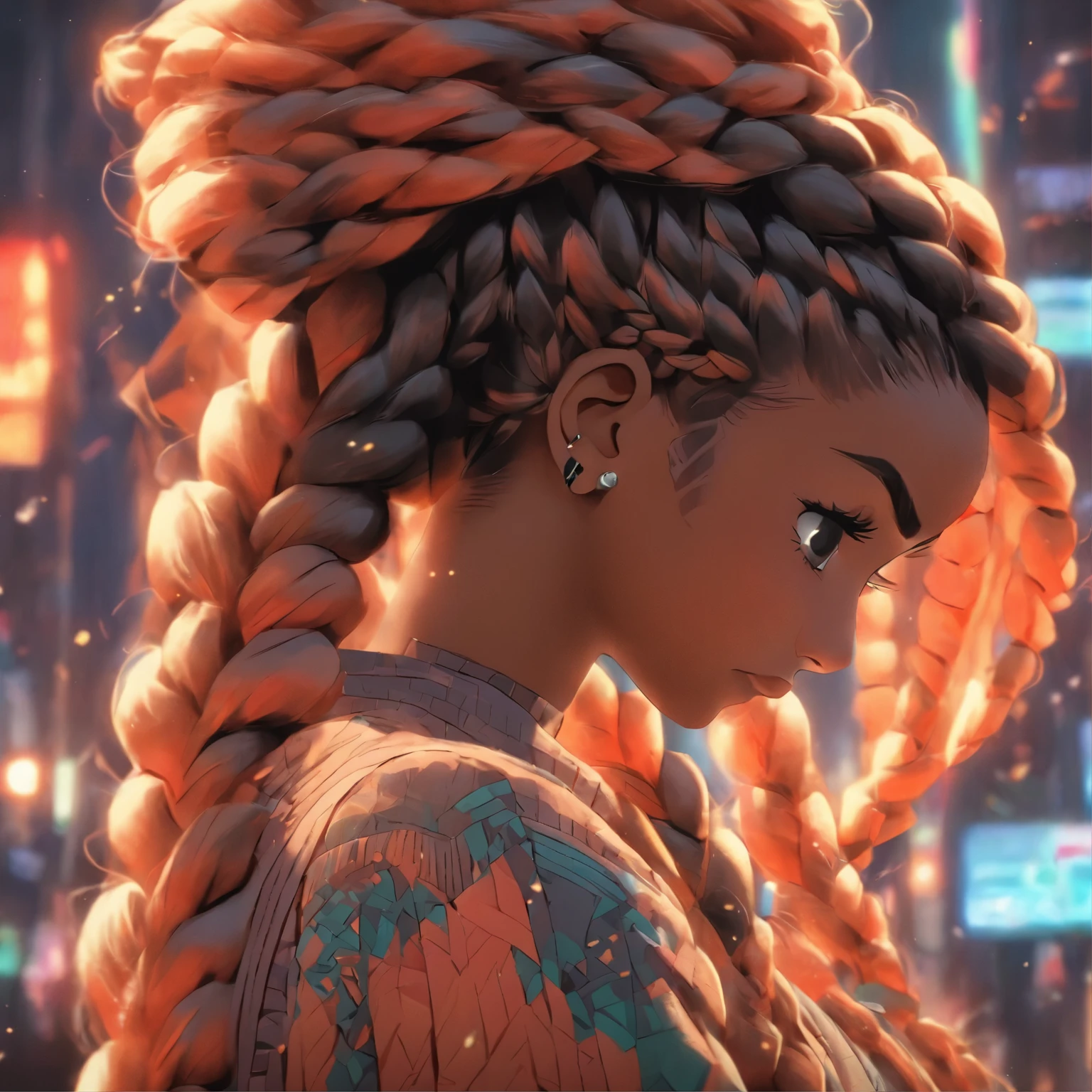 a close up of a woman with a very long braid hair, a digital rendering inspired by Sophia Beale, trending on cg society, afrofuturism, elegant fantasy style braids, black hair in braids, long black braids, long braided hair on top of head, long black braided hair, traditional female hairstyles, elaborate braided hair, long cornrows, complex braided hair, braided intricate hair