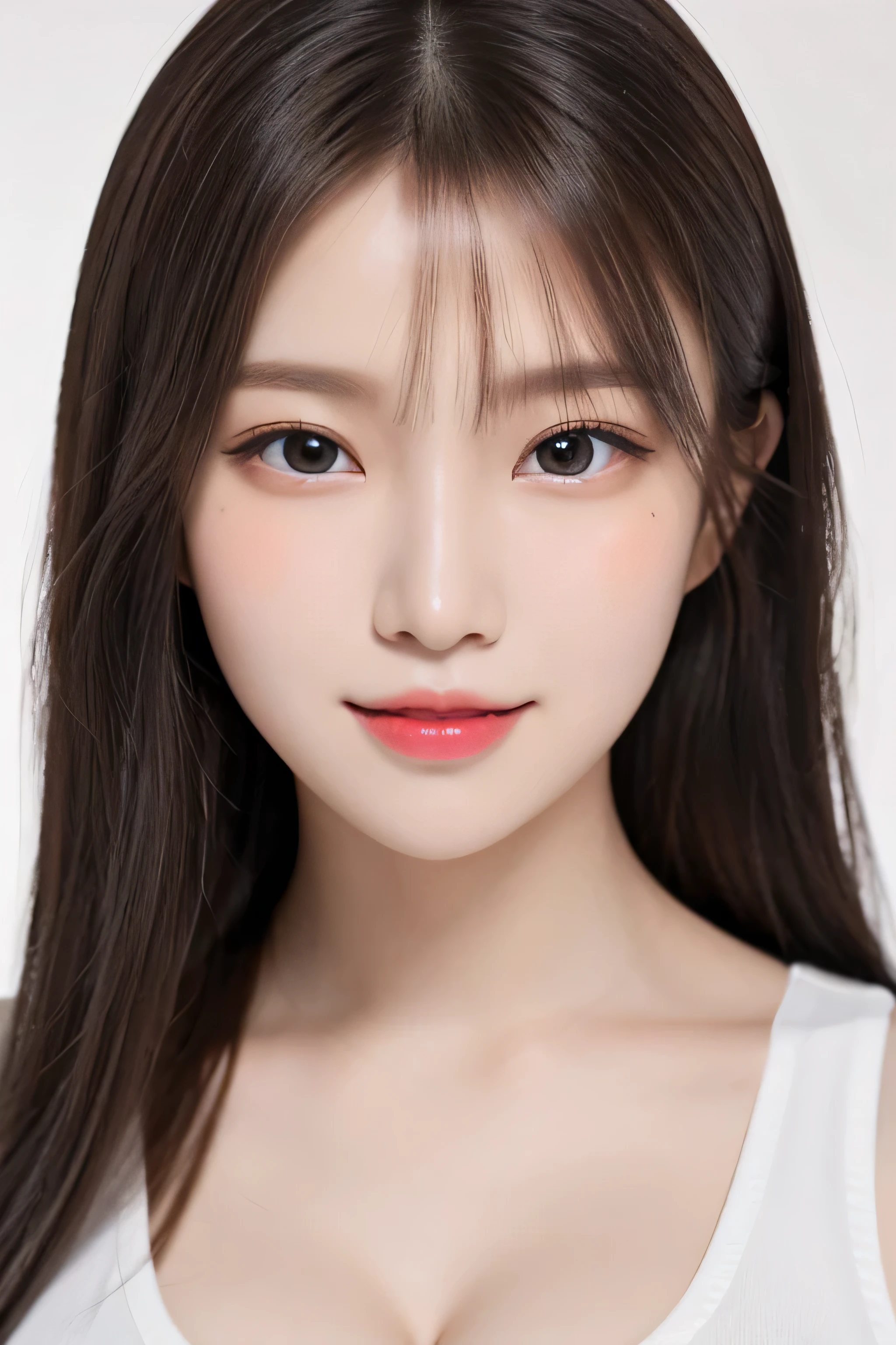 (cleavage:1.4), Bright pink background、top-quality、SuperA high resolution、Beauty、cute little、solo、A Japanese Lady。15yo student、hi-school girl、a smile。Beautiful young woman model。bright expression、photorealisim、Extraordinary beautiful girl、beautiful countenance、(pureerosface)、Glowing white shiny skin、Light brown straight hair、finer hair、Attractive beautiful brown eyes、Double eyelids、、fashionGirl。Wears a white tank top。Close-up portrait。Healthy face。Skin Care Cosmetics、profetional lighting。