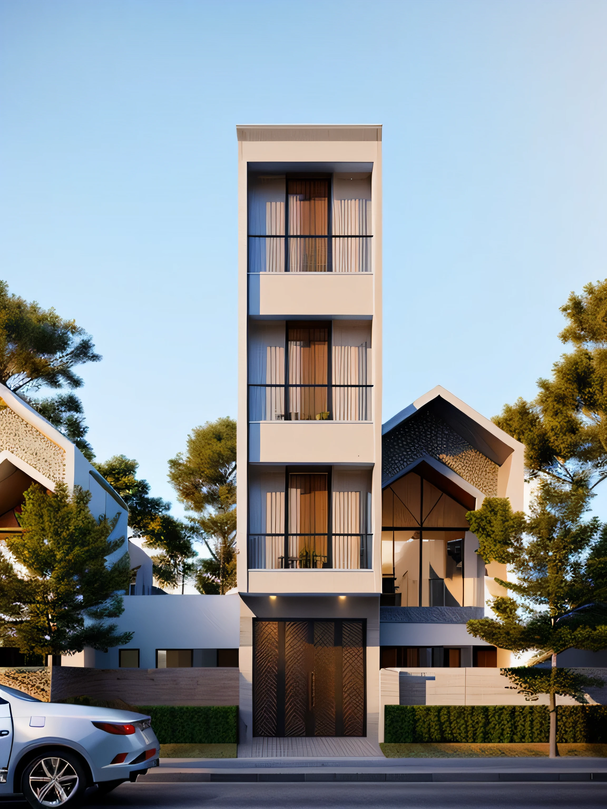 rendering of a modern residential townhouse, professional render, wide angle exterior 2023, highly detailed render, high quality rendering, realistic render, architectural render, high-quality render, detailed rendering, hyper-realistic render, hyper - realistic render, very realistic 3 d render, high render, realistic rendering, very realistic render