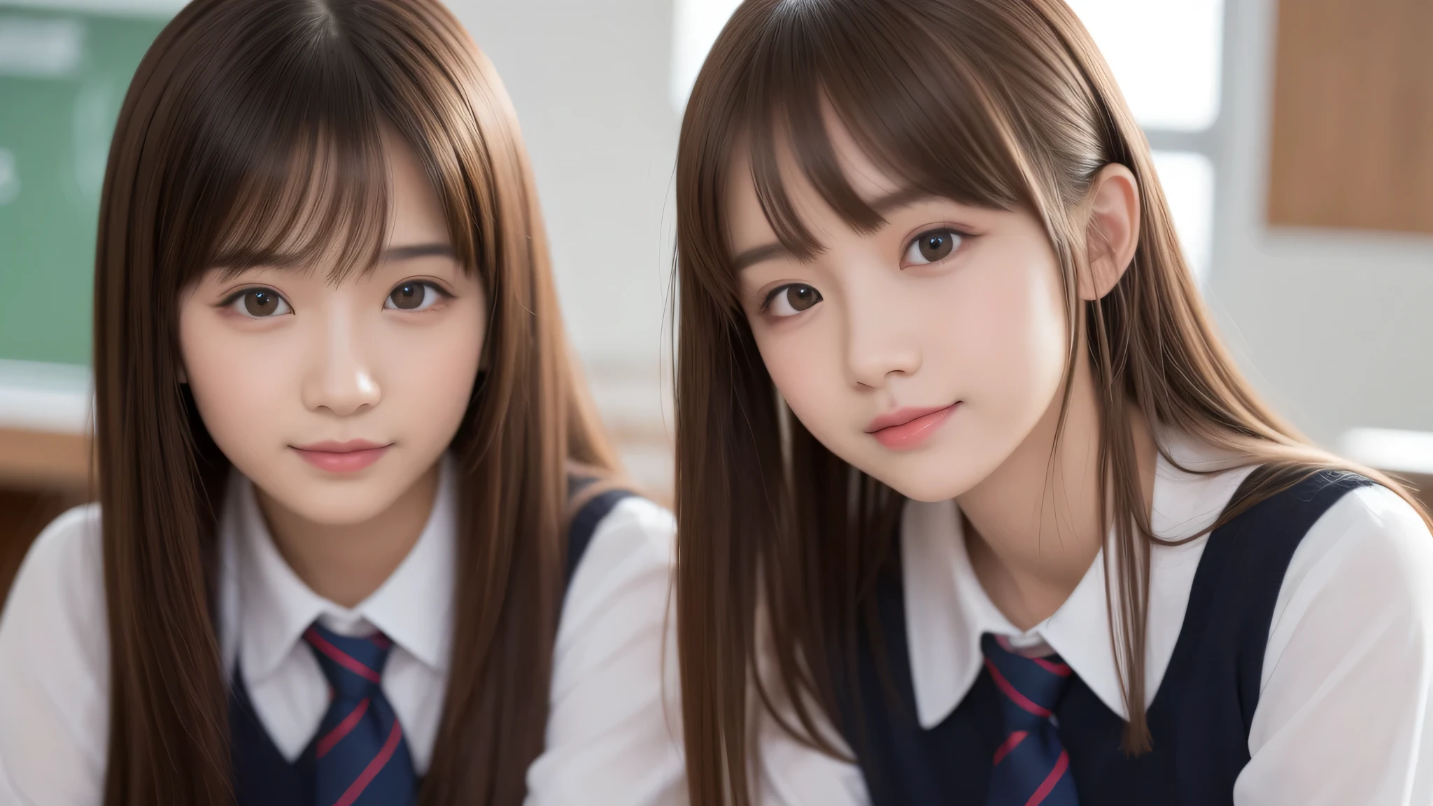 (2 girls:1.2), incredibly beautiful face, enchanting smile, (school uniform, mini skirt:1.2), (highest quality: 1.4), (Super detailed), (highest quality:1.4), (Super detailed), evening, very high resolution, (Upper body), close up face, (School, classroom), School anime, anime illustration,