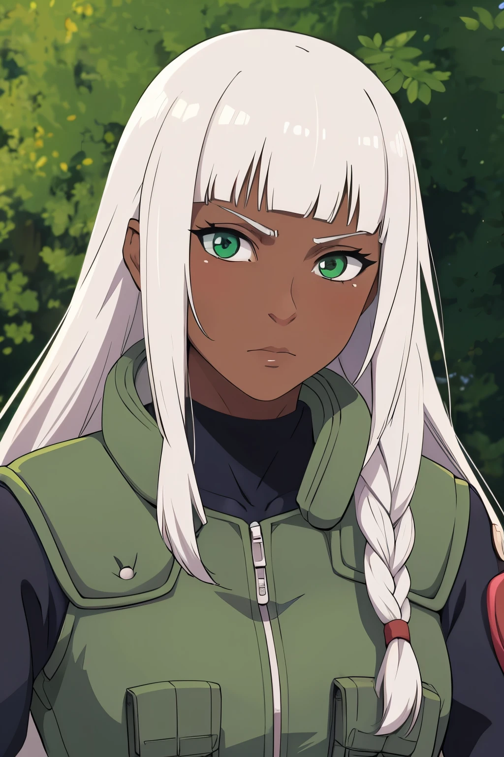 masterpiece, (solo), absurdres, portrait, ((upper body)), detailed background, fine detail, HDR, female, dark skin, bangs, white hair, long hair, messy hair, neutral expression, ninja outfit, green eyes, braids, medium breasts