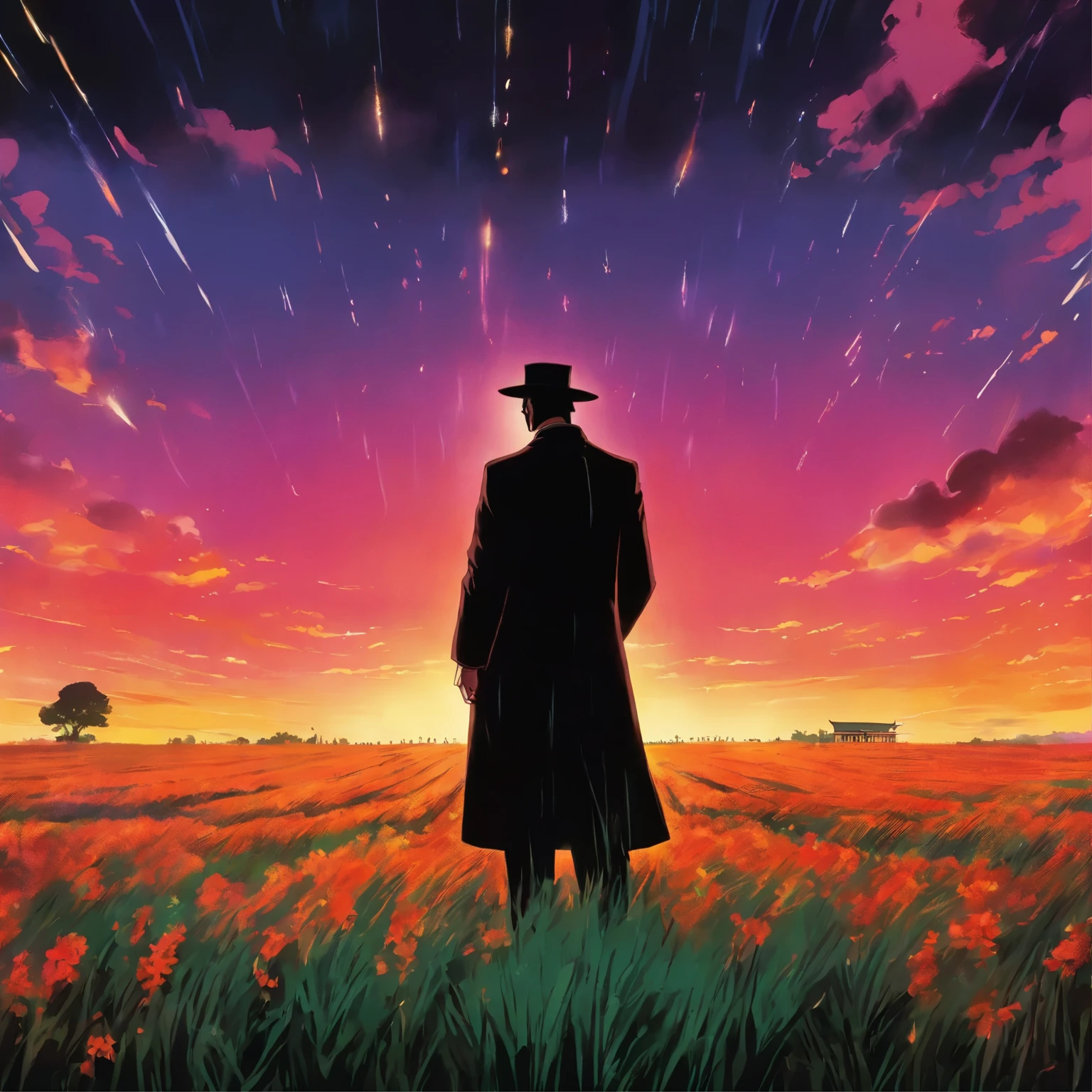 arafed man in a black coat and hat standing in a field, an album cover inspired by Cristache Gheorghiu, flickr, fantastic realism, scene from the movie godfather, the godfather, navid negahban, clean from scene from twin peaks, handsome man, godfather, a suited man in a hat, 1982 color fellini film