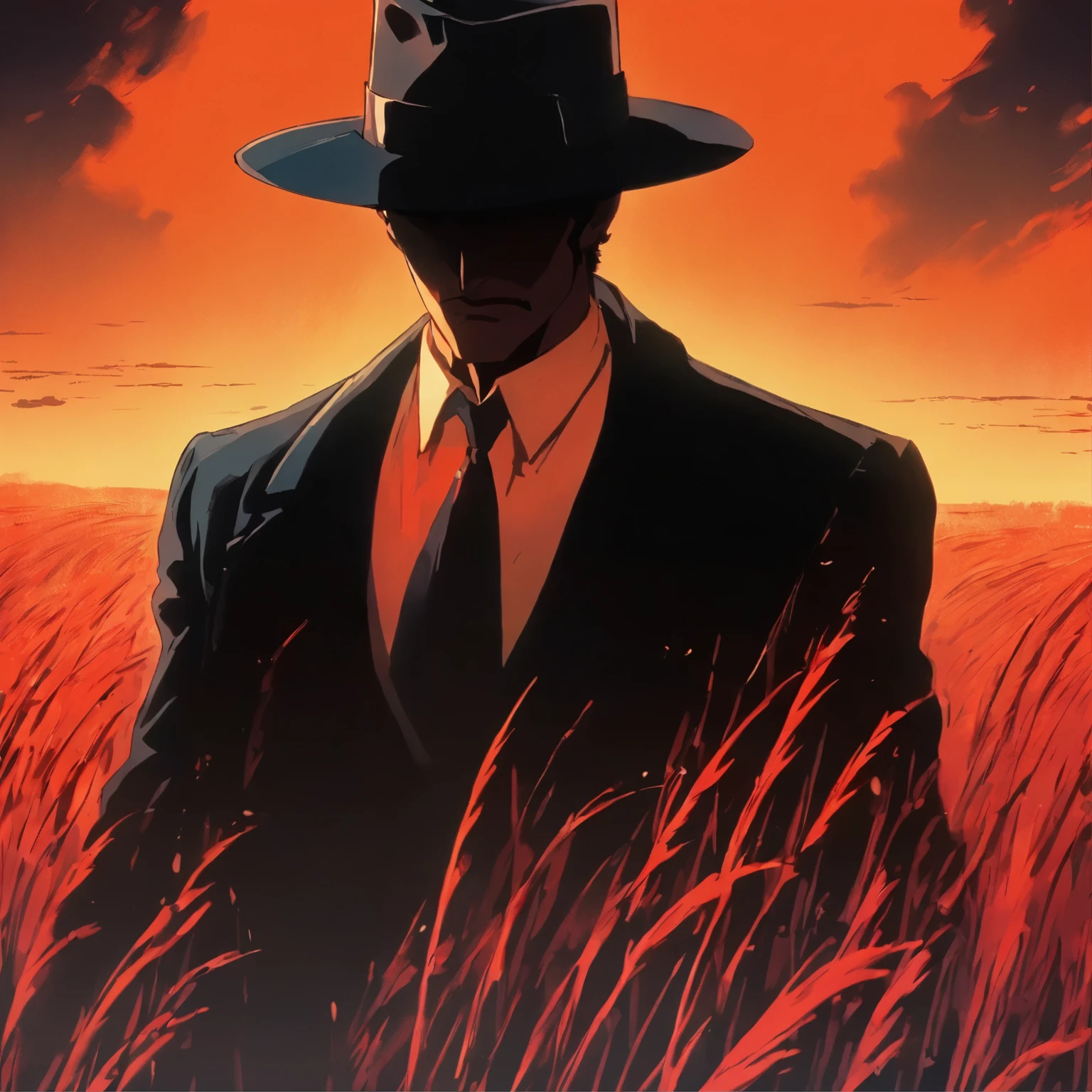 arafed man in a black coat and hat standing in a field, an album cover inspired by Cristache Gheorghiu, flickr, fantastic realism, scene from the movie godfather, the godfather, navid negahban, clean from scene from twin peaks, handsome man, godfather, a suited man in a hat, 1982 color fellini film