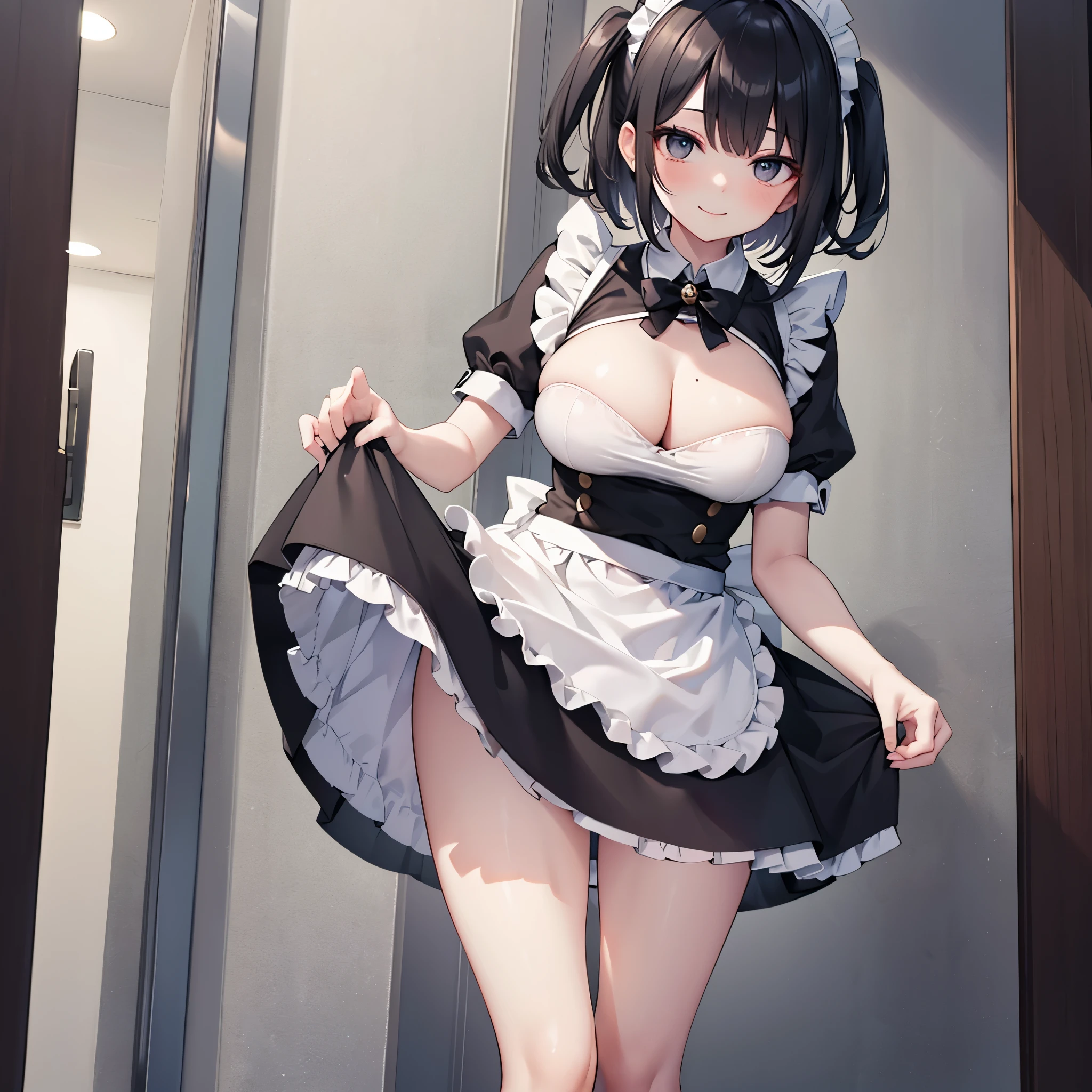 (1 solo skinny maid:1.5) standing alone in hallway, (solo:1.5), (curtsey:1.5), (both hands pinch own short skirt and lift skirt higher to either side:1.6), tiptoe, BREAK, black short hair, black eyes, smile for viewer, BREAK, (bursting large breasts), cleavage, (inconceivably narrow waist), slim hip, skinny long legs, thigh gap, perfect anatomy, BREAK, white head dress, short sleeve, frilled (too short skirt:1.6), frilled white apron, highheels, BREAK, (nsfw:0.4)