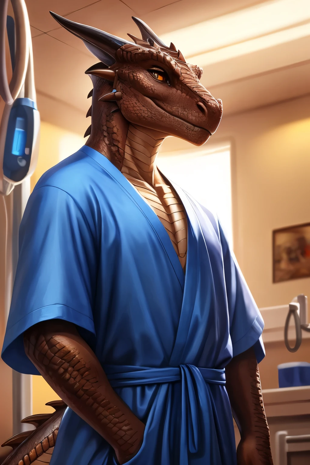 (by pixelsketcher:0.6), (by personalami :0.6), solo,male,boy, dragon,scale, lizard, detailed background, (cinematic lighting:1.1), (perfect focus:1.1), 8k hd, photo, (detailed eyes:1.2),depth of field, bokeh, subsurface scattering, wide angle,(hospital gown, wearing a hospital gown,blue robe),bright colors, (furry detail:1.3), simple background, single color background,white background, realistic, photorealistic, ultra realistic,(tail,short tail),((Brown scales,Brown skin)), Brown eyes, beautiful brown eyes, detailed eyes,sexy legs,