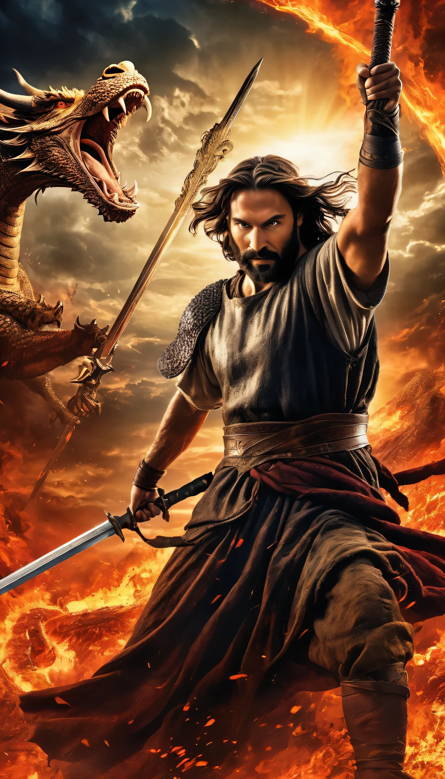 a poster for the movie the bible is shown with a man holding a sword, jesus christ fighting lucifer, biblical epic movie, the final battle in hell, battle between good and evil, satan in hell, epic biblical depiction, 8k highly detailed, end times, jesus riding a dragon, ron desantis as setan