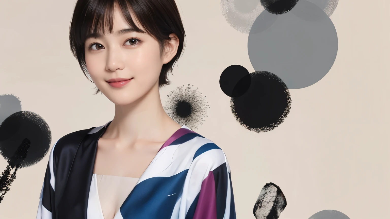 180 short hair, 20 year old female, gentle smile, (abstract background:1.46), (chest:1.2), long sleeve clothes
