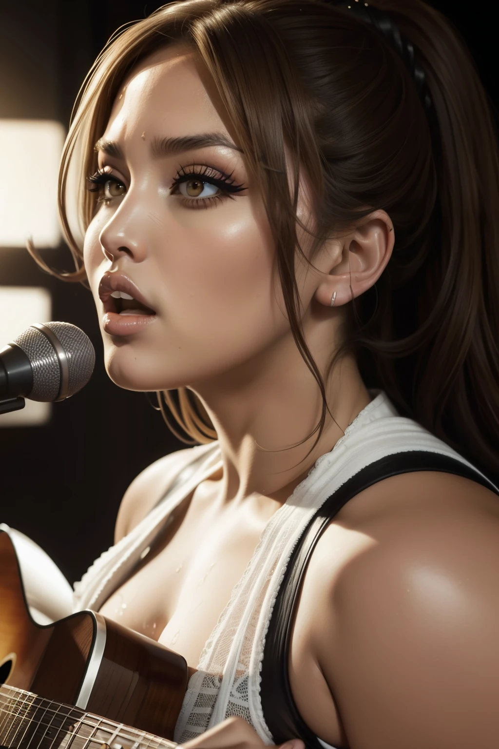 Lucy Pinder, (Jennifer Lopez), ((mouth wide open)), chubby woman, looking, ((VERY INTENSE MAKEUP))), Chun-li, Face portrait, portrait, (Adele), playing guitar, Singing, ((Sweating)), (beautiful dress)