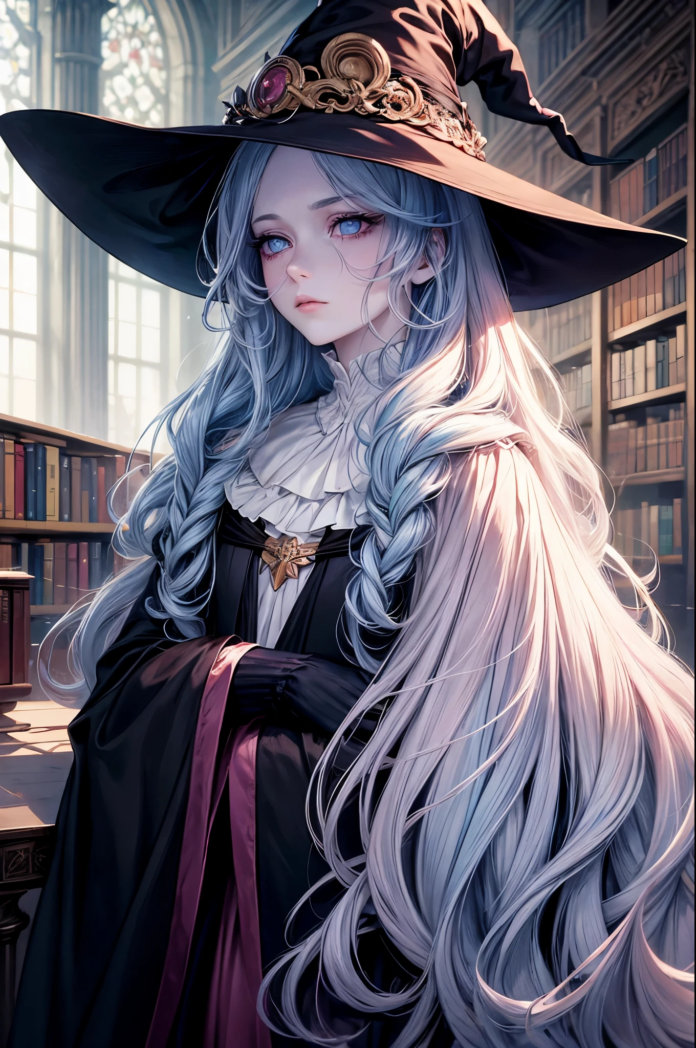 masterpiece, pale skin, pink dry lips, light eyes, eyeshadow, tired looking, tired eyes, light blue hair, messy hair, unkept hair, long hair, dense hair, mane hair, library scenery, dark robes, witch hat, emotionless face