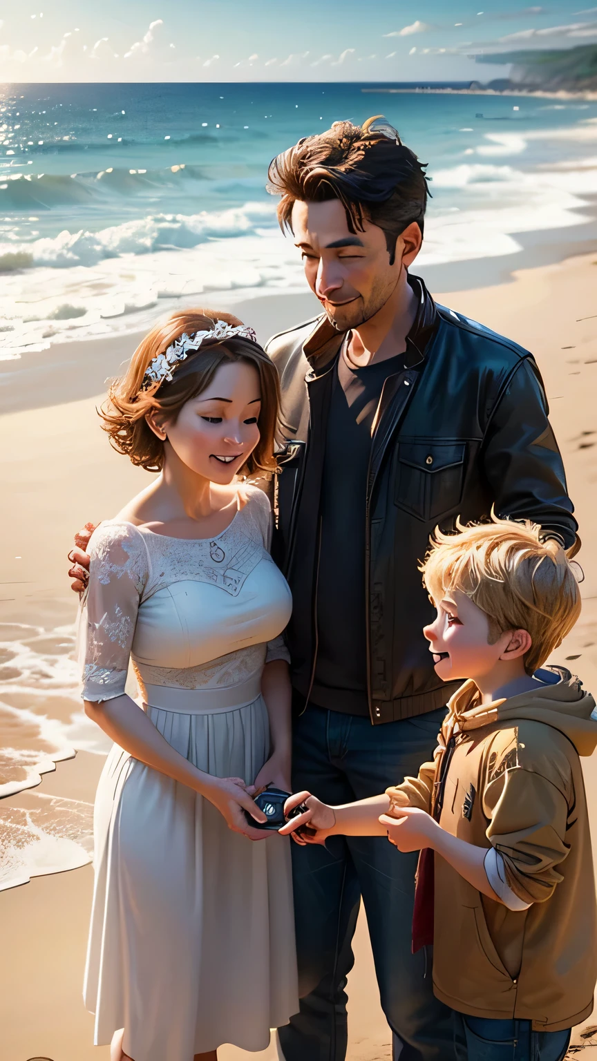 Mr.. Mr. A happily shows his parents the seashells he picked up...,The mother looks on with interest and surprise...、
background:sandy beach
(full shot)
"(setting):(highest quality),(masterpiece),(become familiar with),(ultra become familiar with),(insanely become familiar with),(super high quality),(highly become familiar with),(Full HD)"