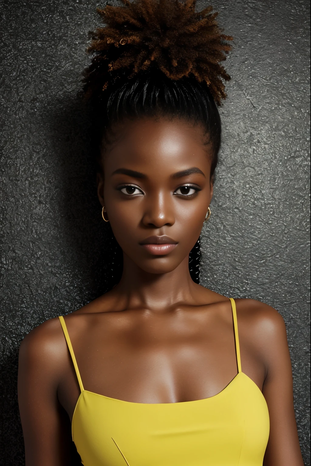 an african model ,unique hair details, Y2K Virtual Fashion, Near future, Curve details , double eyelid, simple background