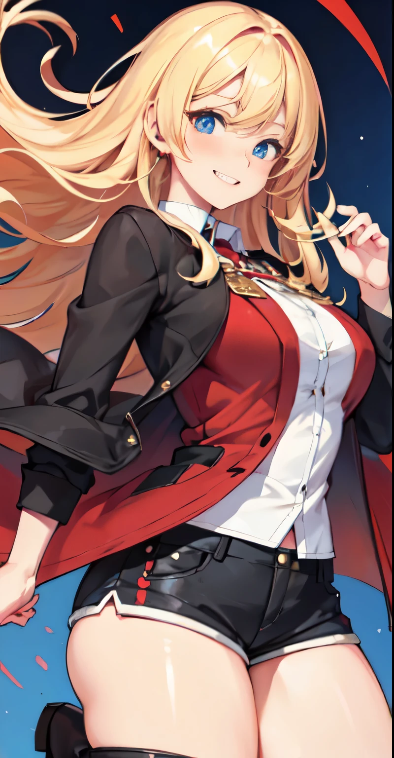 General Description:
- Height: Approximately 160 cm (5'3").
- Build: Slim and athletic with a delicate, feminine frame.

Hair:
- Color: Golden blonde.
- Style: Long, wavy hair that falls past her shoulders, often tied in a loose ponytail with a blue ribbon.

Eyes:
- Color: Vibrant green.
- Shape: Large, expressive eyes with long eyelashes.

Facial Features:
- Skin Tone: Fair complexion.
- Features: Soft, gentle features with a small, delicate nose and a warm, friendly smile.

Clothing:
- Standard Outfit: Wears the Golden Dawn squad uniform which consists of:
  - A white, long-sleeved blouse with a high collar.
  - A red and gold-trimmed jacket with the squad's emblem on the left shoulder.
  - A white skirt with gold accents.
  - Black thigh-high socks.
  - Brown boots.
- Accessories: Wears a blue ribbon in her hair and sometimes a small golden brooch.

Magic Accessories:
- Often seen with a grimoire, a spellbook with a clover symbol, which she uses to perform her plant-based healing magic.

Posture and Expression:
- Posture: Upright and graceful, reflecting her noble background.
- Expression: Often seen with a kind and caring expression, with a hint of determination when in battle.
