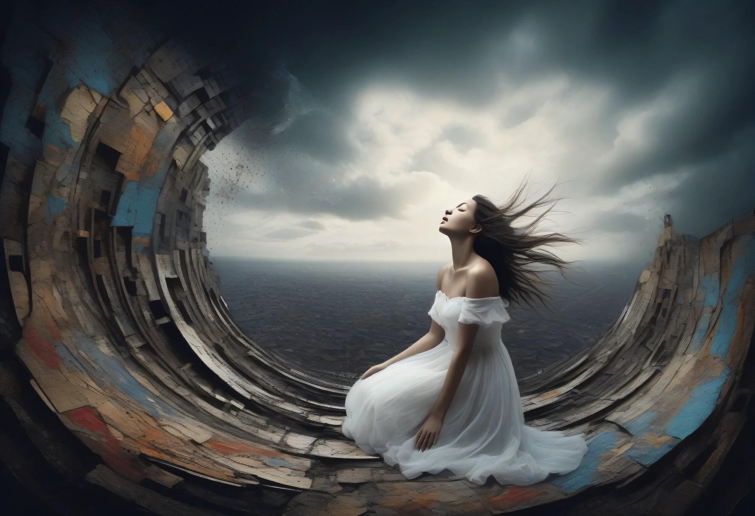 my lost world is gone, Sink sink from the cloudy sky, slim triangular face woman, Crying face with tears rolling down your cheeks, (((涙がdrop down:1.3))), advantage, fine silver long messy hair, Detailed conceptual diagram, Upper body, cracked chest brooch, Complex詳細, Insane tangle smoke broke, oil, white rococo dress, ぽっかり穴があいてsad、sad, Heart cries with hole eyes on surreal background, floating empty doodle cube, Detail textures, A super-illustrated dark fantasy that combines beauty and conceptualism., An emotional landscape that captures the essence of suffering and despair., Richness of expressive details, emphasize, Complex, trickle, drop down, The deep colors of the graffiti enhance this image, Top-level conceptual brushwork, Final matte finish rendering,
