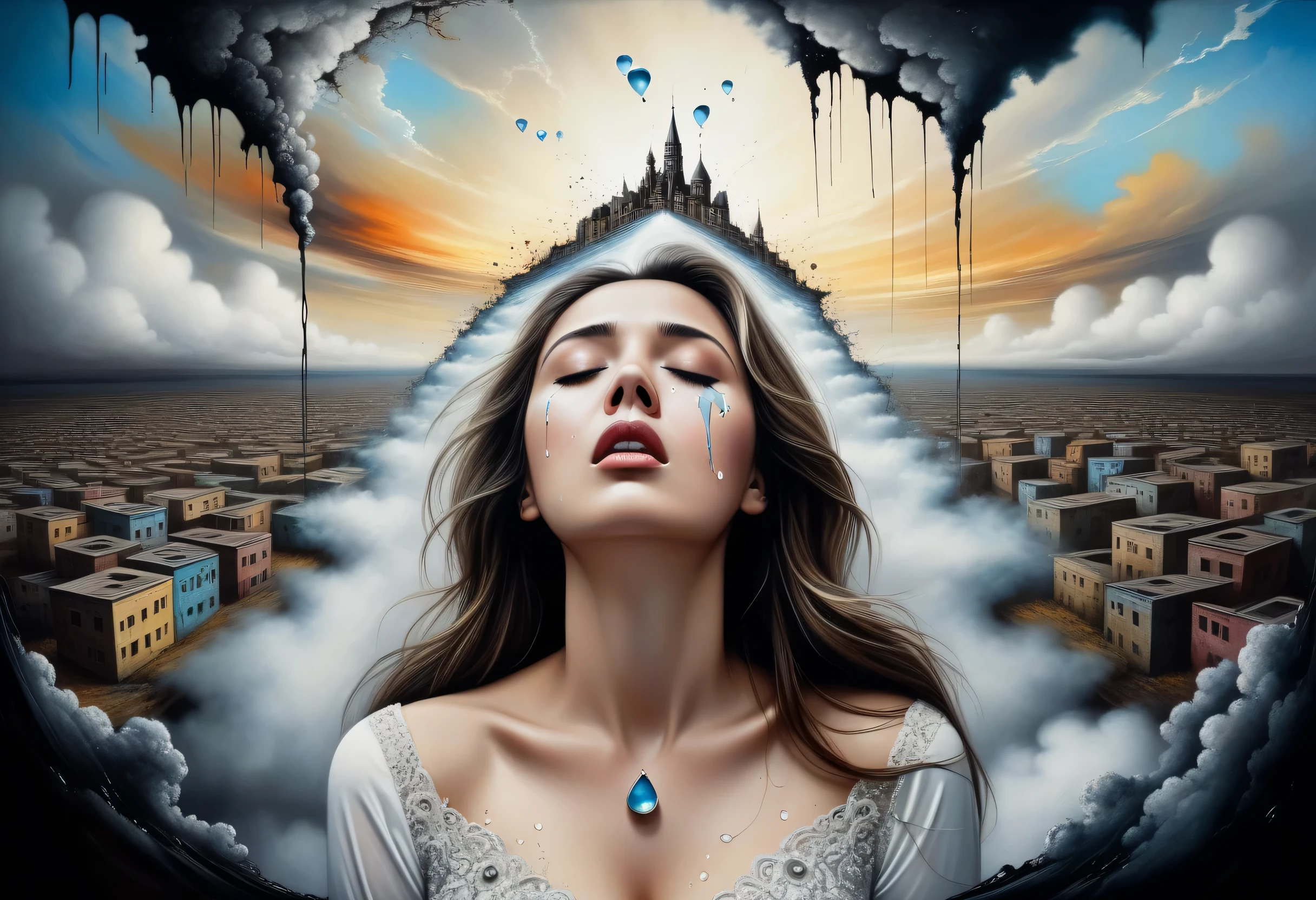 my lost world is gone, Sink sink from the cloudy sky, slim triangular face woman, Crying face with tears rolling down your cheeks, (((涙がdrop down:1.3))), advantage, fine silver long messy hair, Detailed conceptual diagram, Upper body, cracked chest brooch, Complex詳細, Insane tangle smoke broke, oil, white rococo dress, ぽっかり穴があいてsad、sad, Heart cries with hole eyes on surreal background, floating empty doodle cube, Detail textures, A super-illustrated dark fantasy that combines beauty and conceptualism., An emotional landscape that captures the essence of suffering and despair., Richness of expressive details, emphasize, Complex, trickle, drop down, The deep colors of the graffiti enhance this image, Top-level conceptual brushwork, Final matte finish rendering,