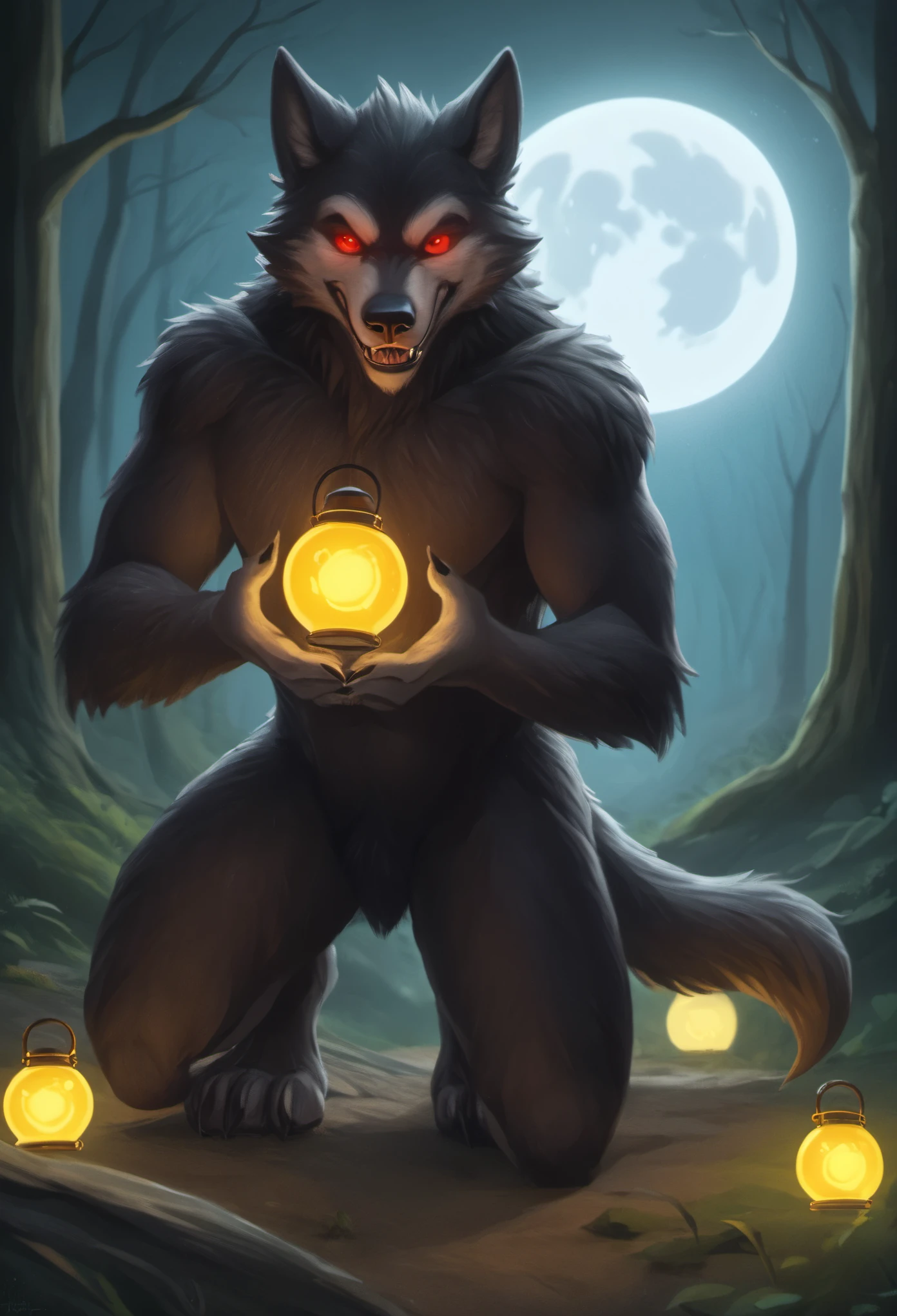 looking at viewer, licking lips, pouncing, ((werewolf)) solo male, tojo the thief, kenket, chunie, darkgem, anthro, ((detailed face)), ((dark forest), full moon), long snout, black fur, red eyes, menacing. (looking out from cave), detailed realistic painting, ((body hair)) BREAK (full moon) BREAK (glowing lanterns), night