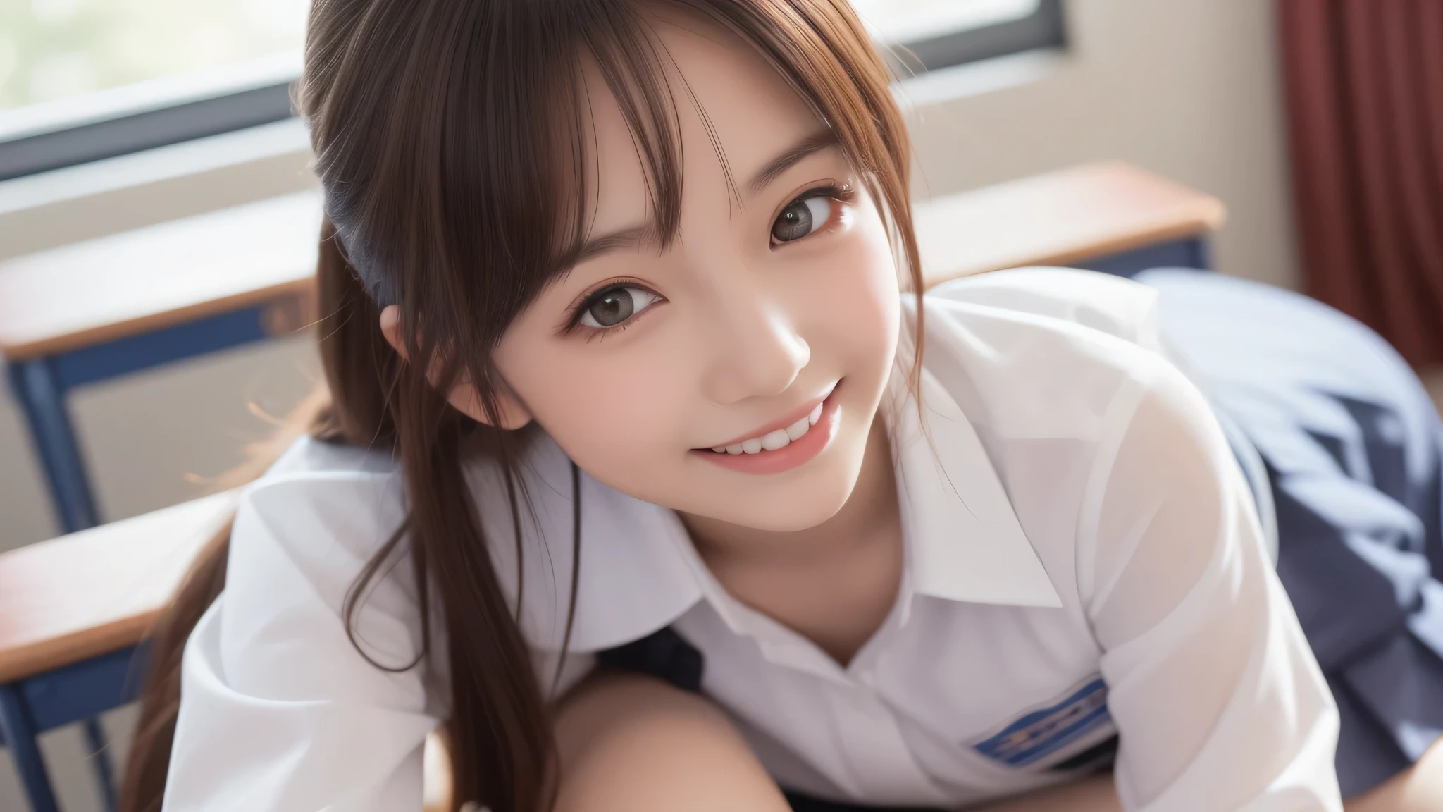 (2 girls:1.2), incredibly beautiful face, enchanting smile, (school uniform, mini skirt:1.2), (highest quality: 1.4), (Super detailed), (highest quality:1.4), (Super detailed), evening, very high resolution, (Upper body), close up face, (School, classroom), School anime, anime illustration,