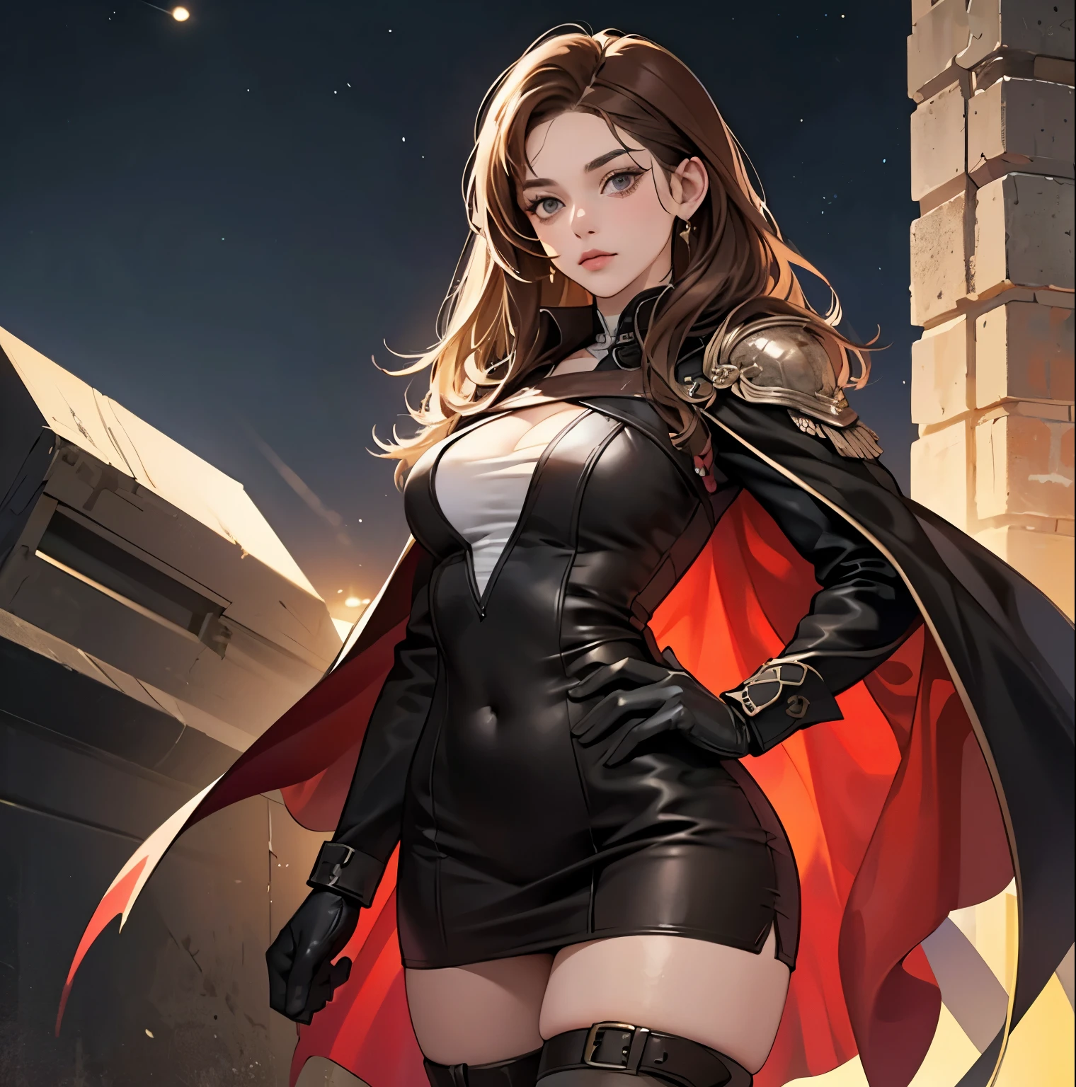 young woman,((Brown hair, grey eyes)),black leather mini dress , sexy,Wellingtons,At night, show skin, Detailed eye scrutiny, skin texture, Hair texture ,Standing alone,portrait,solo,hair, ultra hd quality , seductive, Long gloves ,cloak, warrior , High, wide hips