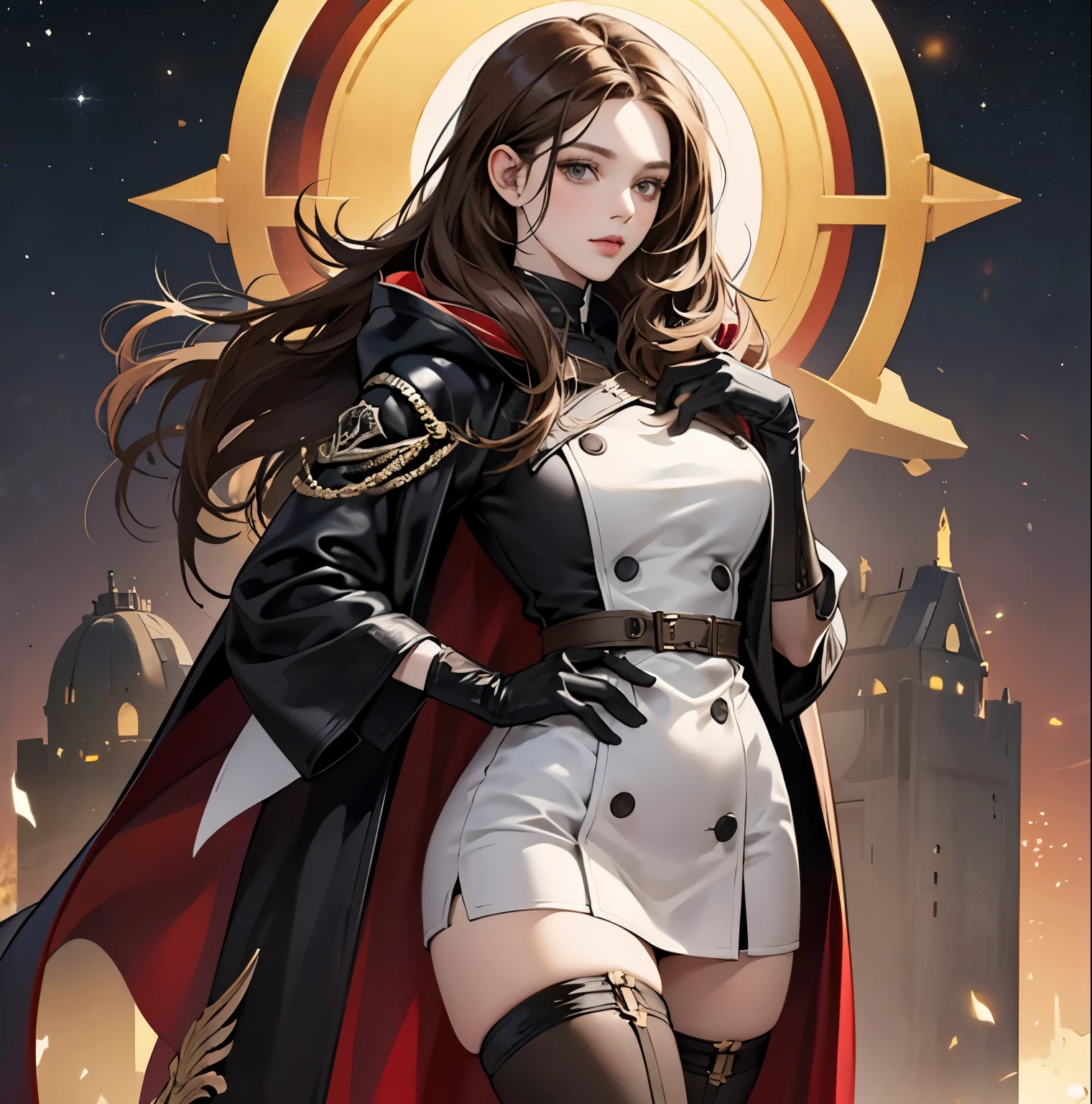 young woman,((Brown hair, grey eyes)),black leather mini dress , sexy,Wellingtons,At night, show skin, Detailed eye scrutiny, skin texture, Hair texture ,Standing alone,portrait,solo,hair, ultra hd quality , seductive, Long gloves ,cloak, warrior , High, wide hips
