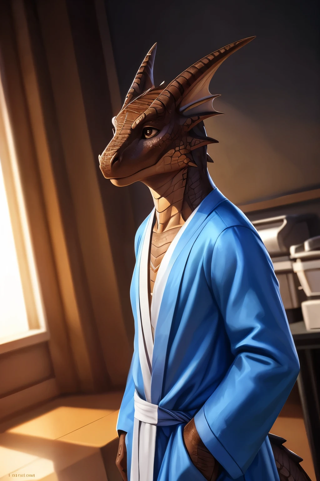 (by pixelsketcher:0.6), (by personalami :0.6), solo,male,boy, dragon,scale, lizard, detailed background, (cinematic lighting:1.1), (perfect focus:1.1), 8k hd, photo, (detailed eyes:1.2),depth of field, bokeh, subsurface scattering, wide angle,(hospital gown, wearing a hospital gown,blue robe),bright colors, (furry detail:1.3), simple background, single color background,white background, realistic, photorealistic, ultra realistic,(tail,short tail),((Brown scales,Brown skin)), Brown eyes, beautiful brown eyes, detailed eyes,sexy legs,