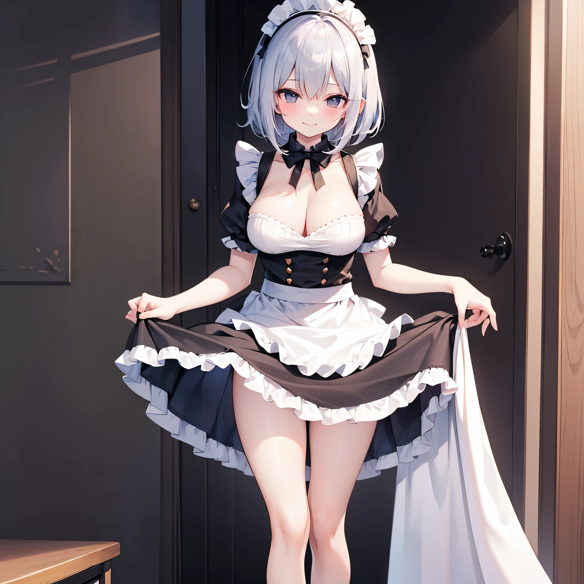 (1 solo skinny maid:1.5) standing alone in hallway, (solo:1.5), (curtsey:1.5), (both hands pinch own short skirt and lift skirt higher to either side:1.6), tiptoe, BREAK, black short hair, black eyes, smile for viewer, BREAK, (bursting large breasts), cleavage, (inconceivably narrow waist), slim hip, skinny long legs, thigh gap, perfect anatomy, BREAK, white head dress, short sleeve, frilled (too short skirt:1.7), frilled white apron, highheels, BREAK, (nsfw:0.4)