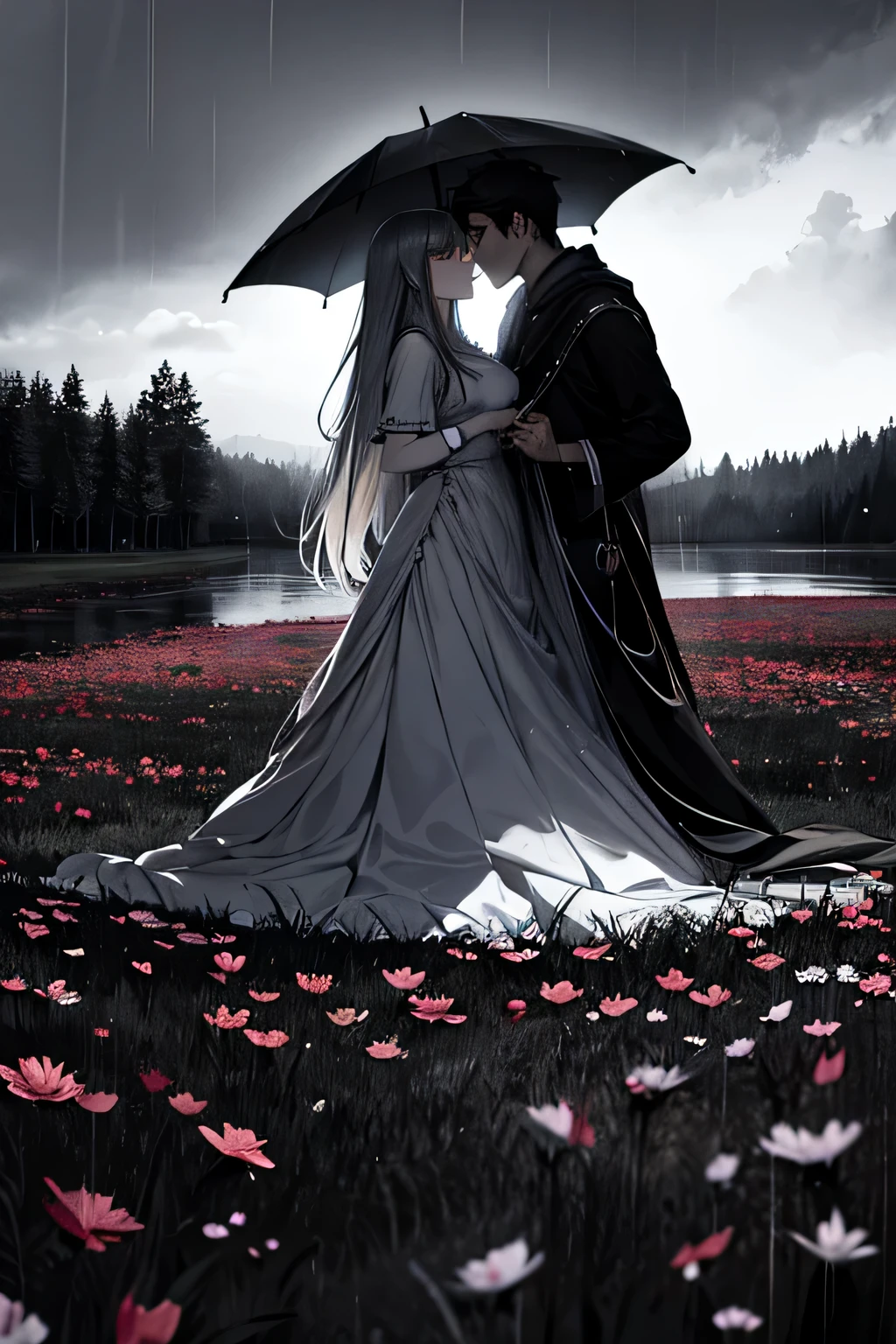 A rainbow stretches over two lovers on a gloomy day sitting in a meadow full of black flowers, protecting them from the rain. El arcoiris es reflejado en su paraguas trasparente, la lluvia es fuerte y las flores mas oscuras, rosas negras