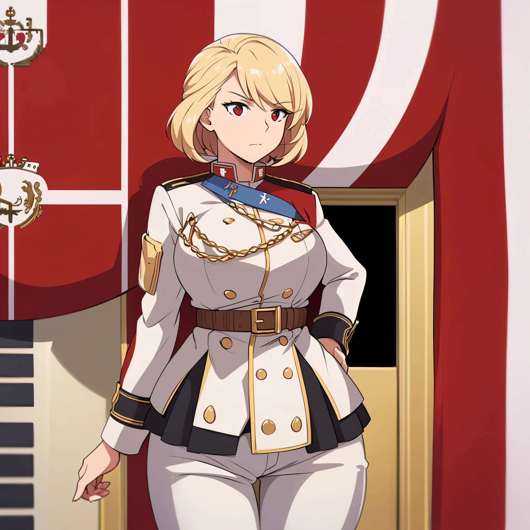 A woman wearing a white military uniform with gold details, medals, large breasts, short blonde hair, red eyes, in the city of London, flag of Wales
