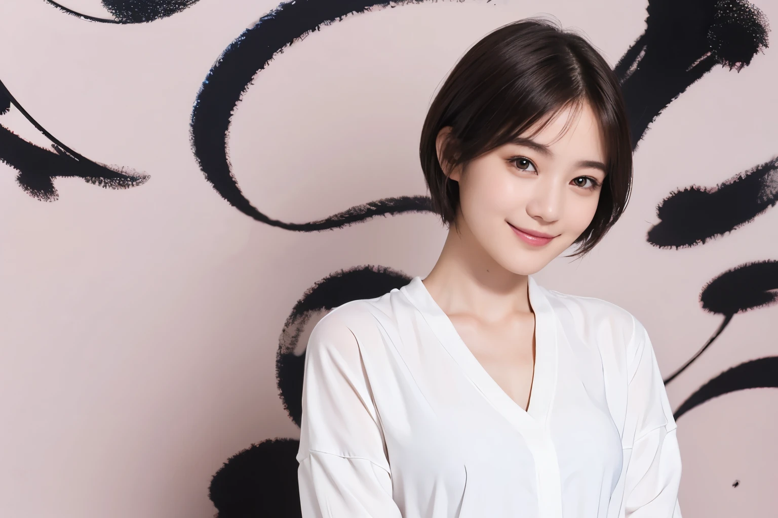 180 short hair, 20 year old female, gentle smile, (abstract background:1.46), (chest:1.2), long sleeve clothes