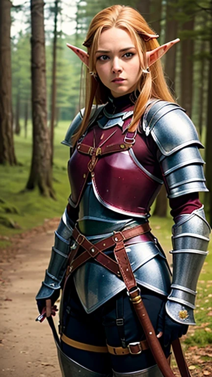 ((best quality: 1.5)) ((masterpiece: 0.8)), intricate details, sharp focus, professional, photorealistic, real life, realistic representation of the face, ((((solo, athletic female), (serious expression)))) dynamic action pose, homely face, in the style of realistic and hyper detailed renderings, outdoor, forest, lake, animals, solo, BREAK; BREAK ((((long straight hair, [ginger hair:white hair:0.6])))), ((scar: 0.6)), ((fujicolor)), BREAK; BREAK ((((medieval, ((maroon leather armor, harness, straps, weapon, elf)), photorealistic, hyper-realistic))))