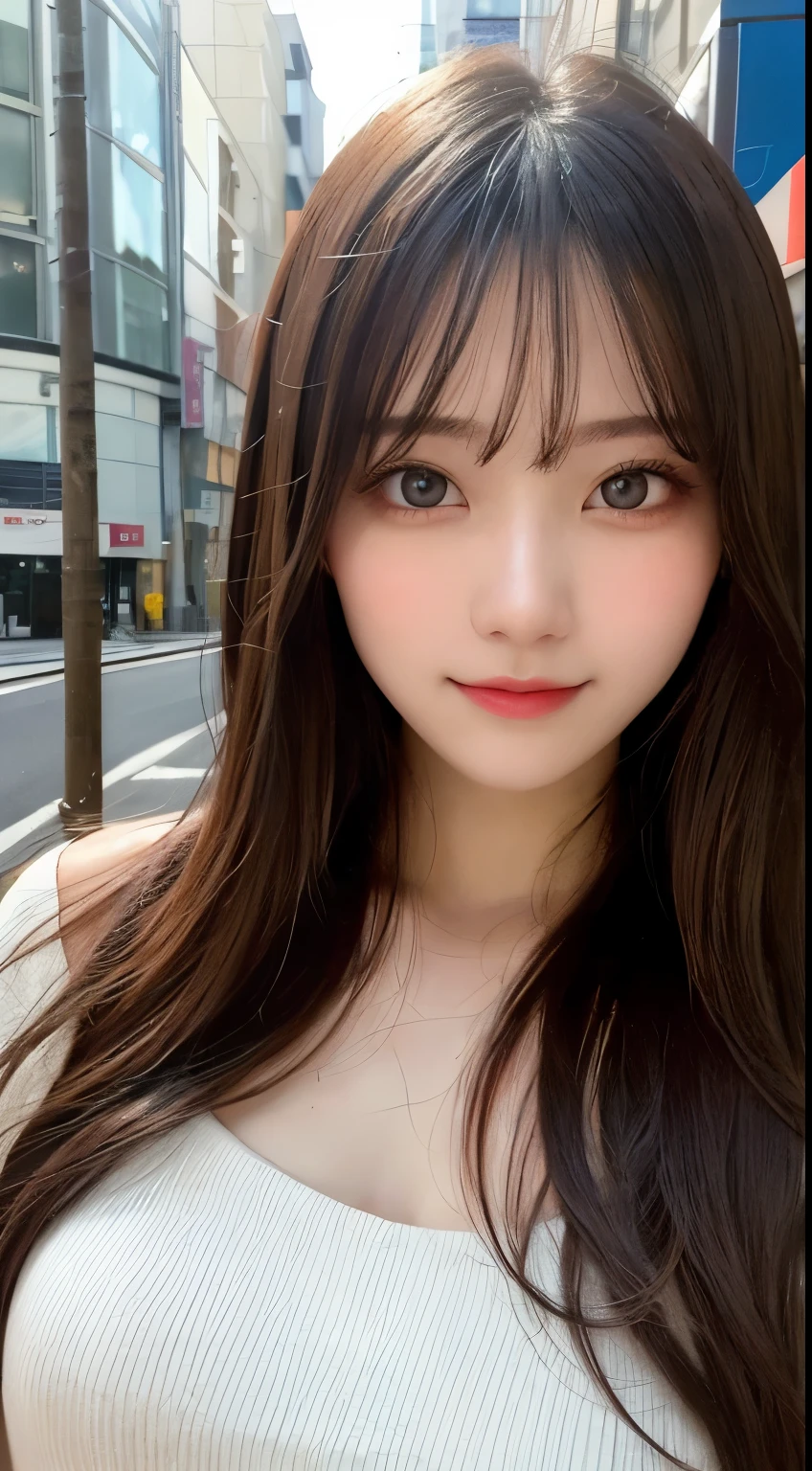 table top, highest quality, shape, Super detailed, finely, High resolution, 8k wallpaper, 完璧なダイナミックな構shape, beautiful and detailed eyes, Tokyo trend spring fashion, small breasts, natural color lip, random sexy pose,cute smile,big city、20 year old girl、Beautiful and dense face、perfect and beautiful face,Big eyes、beautiful and detailed face、perfect and beautiful double eyelids、perfect and beautiful face、blur the background