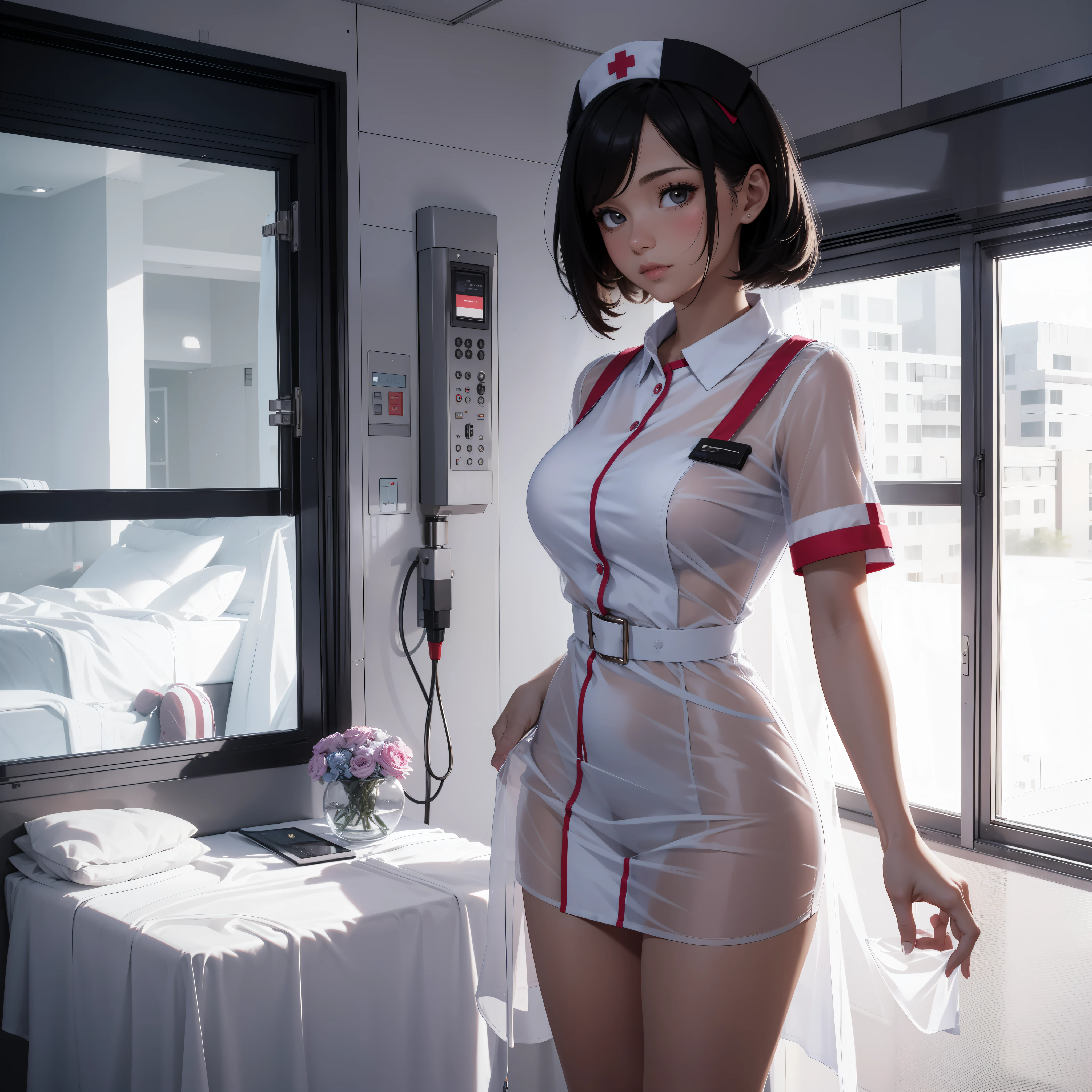 Beautiful female nurse，1 woman，short mini dress，see-through transparent clothes