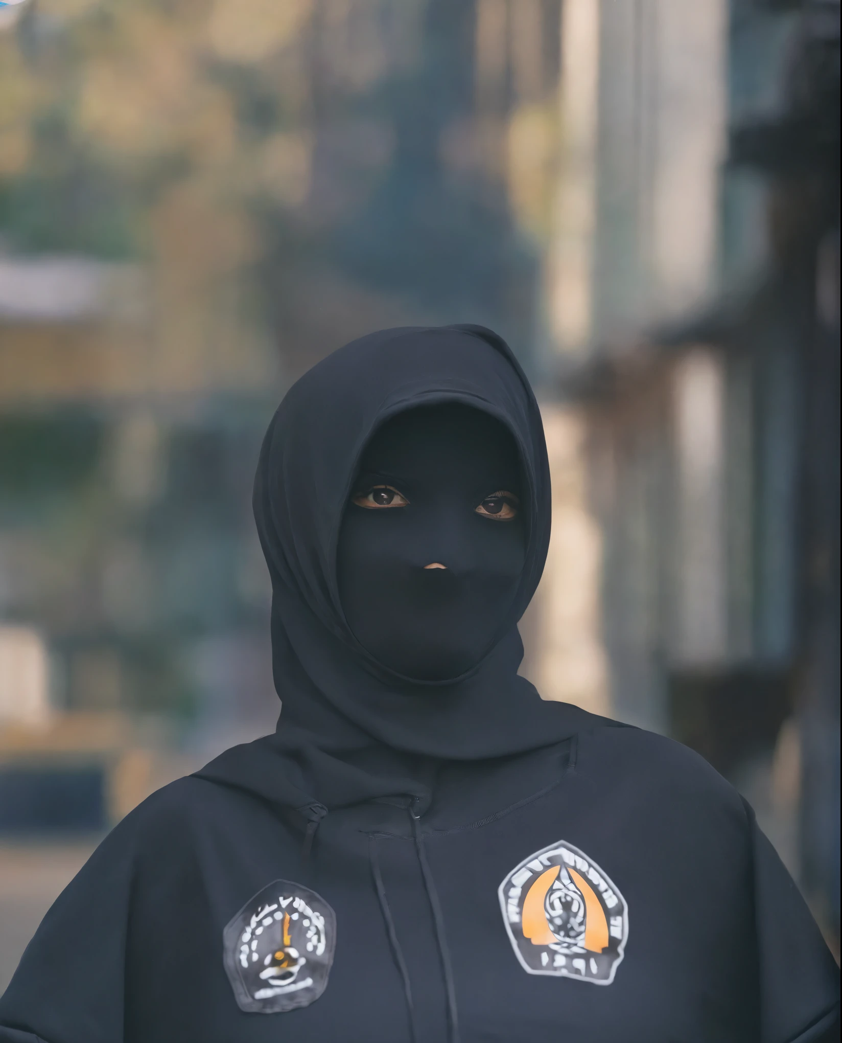 there is a woman wearing a black jacket and a black hoodie, full protrait, faridah malik, protrait, hijab, full device, h. kyoht luterman, chibi, photoshot, nilah, kuntilanak, profile shot, riyahd cassiem, serena malyon, yan morala, student, old picture, professional picture, picture