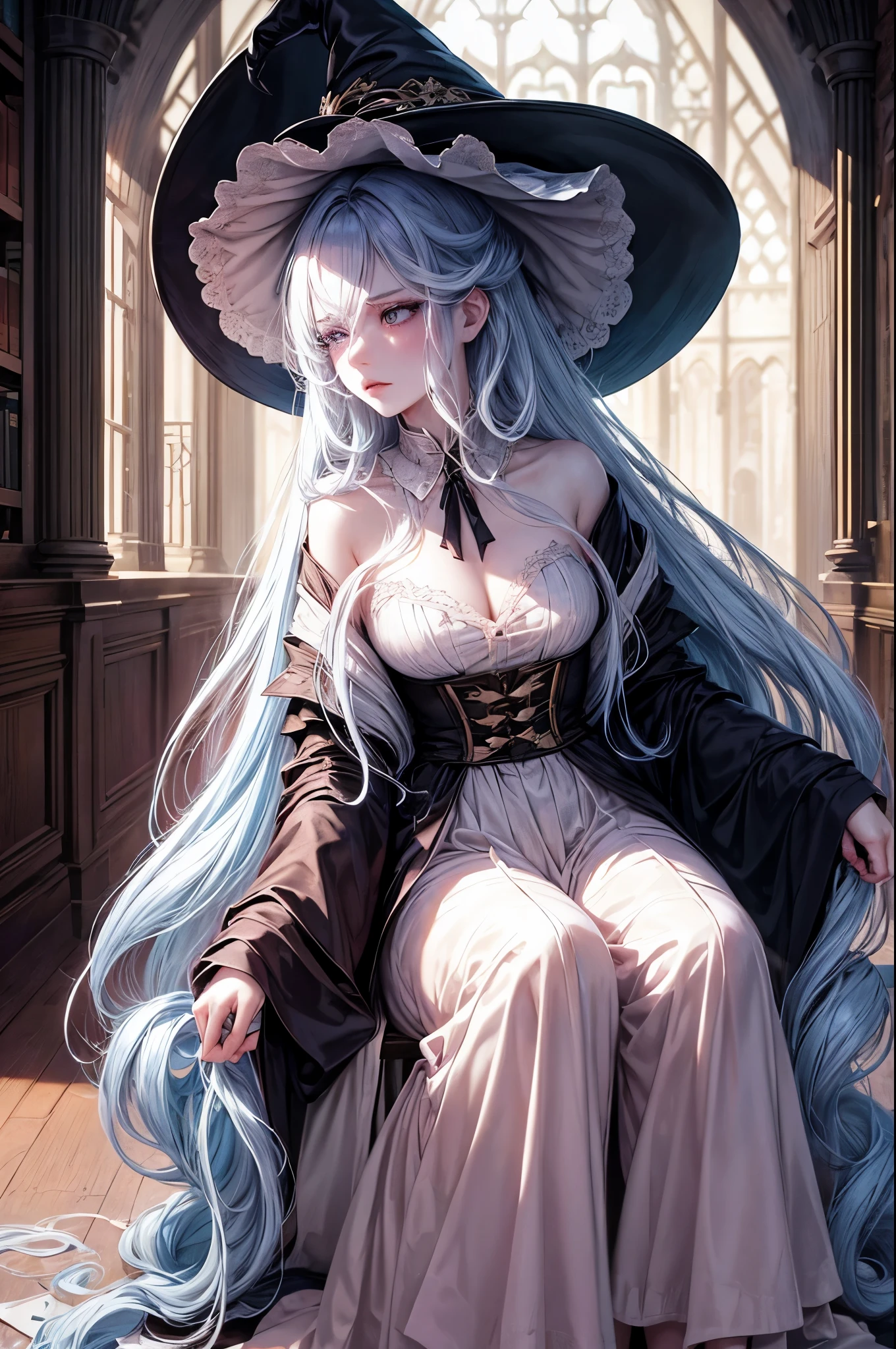 masterpiece, pale skin, pink dry lips, light eyes, eyeshadow, tired looking, tired eyes, medium breasts, light blue hair, messy hair, unkept hair, long hair, dense hair, mane hair, library scenery, dark robes, witch hat, emotionless face