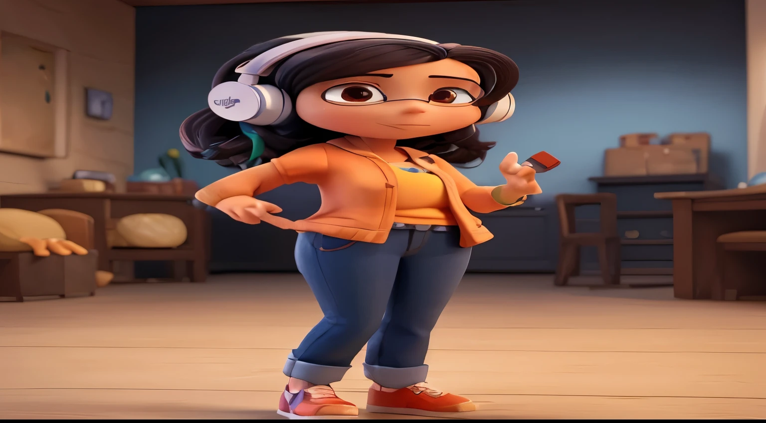 a close up of a Personagem de desenho animado with headphones on, animation character, personagem posando, animation style rendering, Personagem 3D, personagem 3d, cute Personagem de desenho animado, personagem estilizado, pixar personagem fofo design, Personagem de desenho animado, beautiful 3d rendering, arnold virtual rendering, personagem 3d render, personagem 3d art, personagem fofo, design de personagens animados, virtual rendering