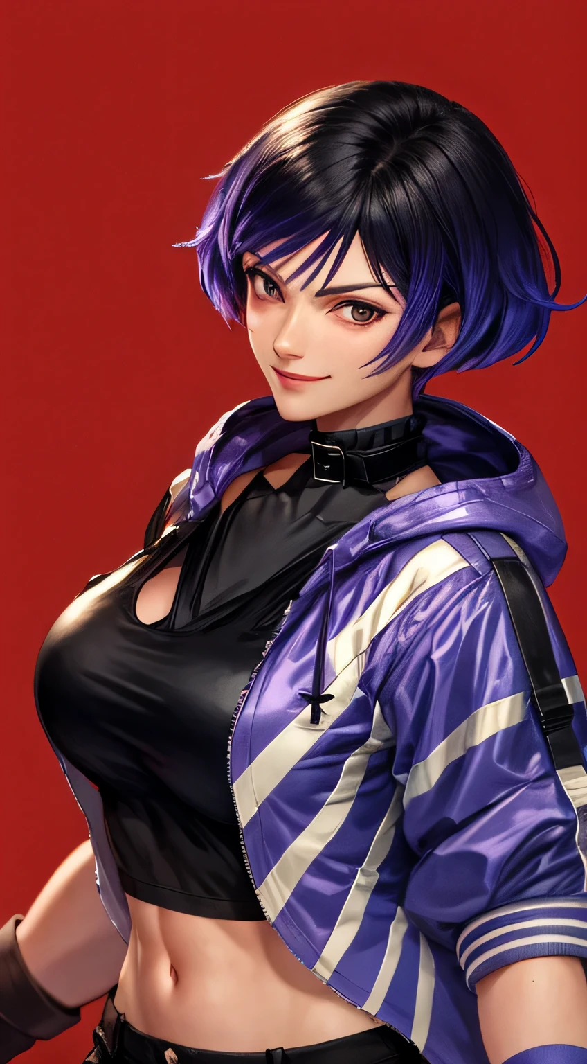 masterpiece, best quality, reina, multicolored hair, choker, purple jacket, see-through, black shirt, black shorts, fingerless gloves, looking at viewer, furrowed brow, smile, upper body, wrestling ring background, red background, large breasts