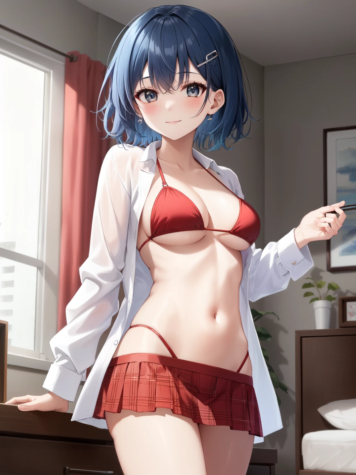 1girl, solo, hairclips, blue hair, short hair, messy hair, black eyes, ears, pale skin, breasts, open shirt, red bikini bra, underboob, plaid miniskirt, light smile, indoors, apartments, furniture, bedroom