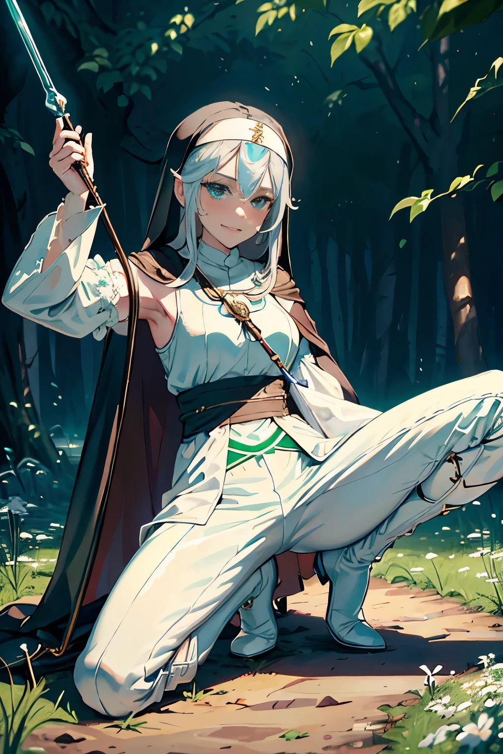 masterpiece, ultra detailed, 8k portrait, RAW photo, portrait photography, Highly detailed face, beautiful and meticulous eyes, ((Fantasy)), (((solo))), Young beautiful, (((Nun))), (((((wariza and spread legs))))), ((light blue long thin hair)), ahoge, forehead, Gentle face, (shy smile and blush), White skin, (((armpit))), (((green and white puffy sleeve lace priest robes))), ((brown cape)) Fluttering in the wind, (((lowleg kneel length pants))), Leather boots, ((((holding a magic wand)))), Midday Sun, Hyper realistic, Body model, medium breasts, Beautiful breasts, Long legs, in the medieval field, Ambient lighting, Shadow details, Camera focus on face, strong breeze, Light fog,