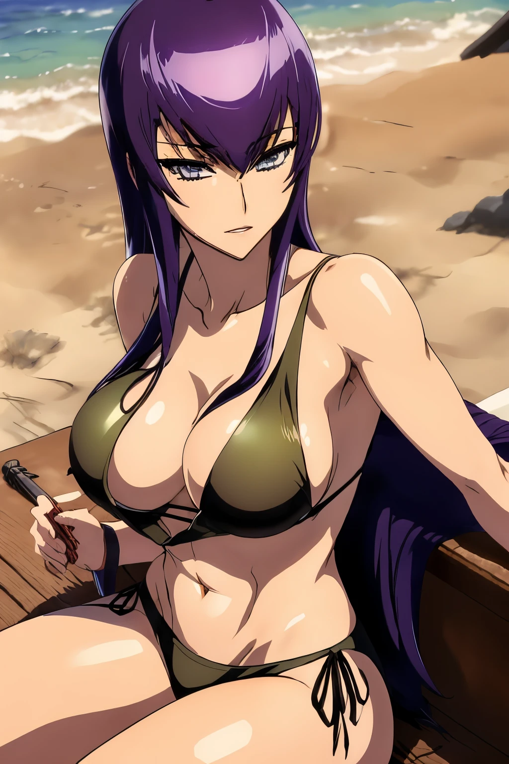 Saeko Busujima in a bikini and hat sitting at a table with food, elegant bikini, sling bikini, gorgeous bikini model, boutinela bikini, gorgeous lady, with straw hat, bikini model, wearing two - piece swimsuit