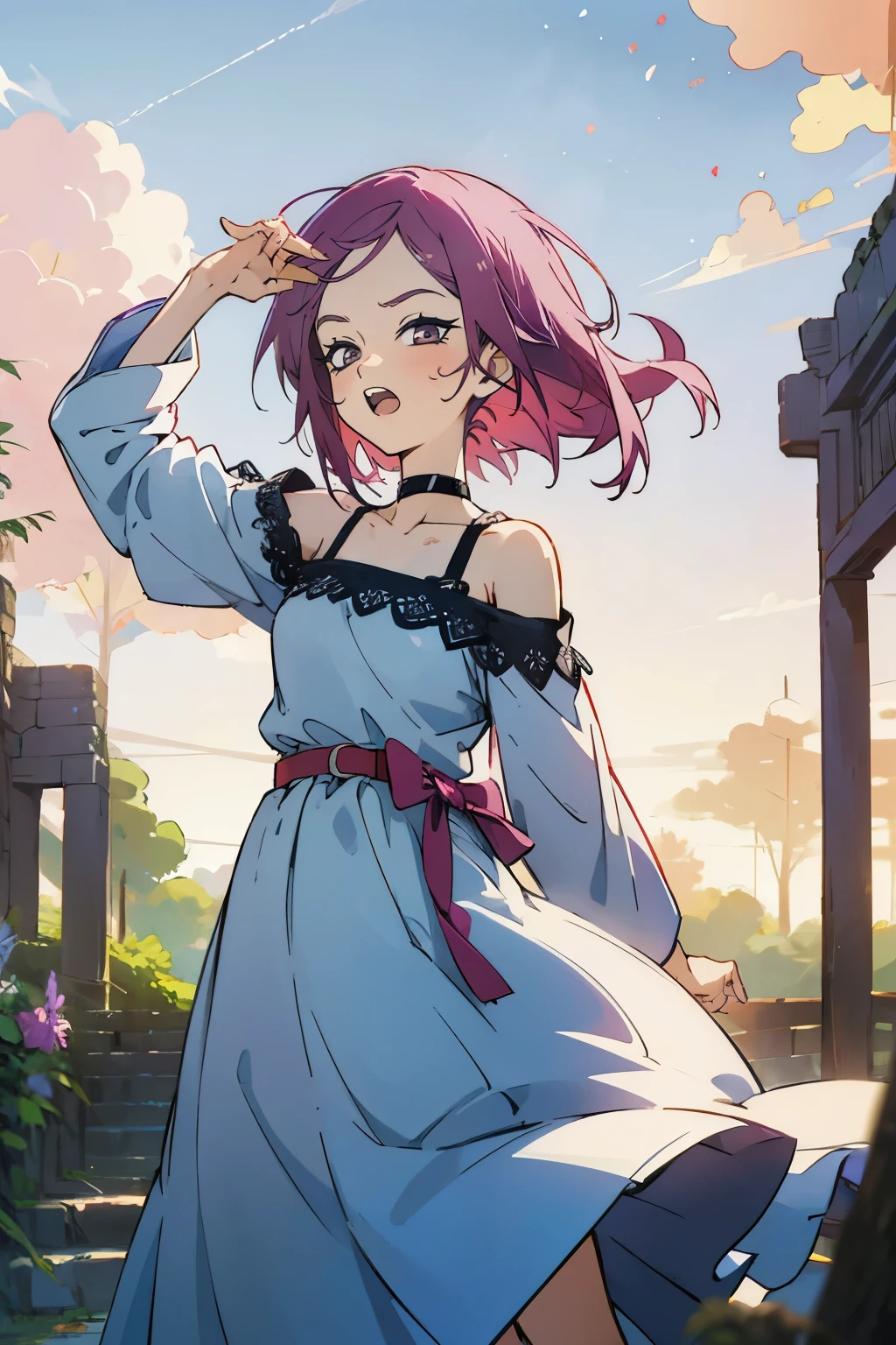 masutepiece, Best Quality, Ultra-detailed, Kisho, jigokuraku, 1 girl, reddish Purple hair, Gray eyes, showa town, Ruins, Bang, Beautiful sky, shining sky, Sunshine, ribbon, hair ribbon, Black Belt, black choker, blue dress, lace dress, sweater, off-shoulder sleeves, half-sleeves, white sleeves