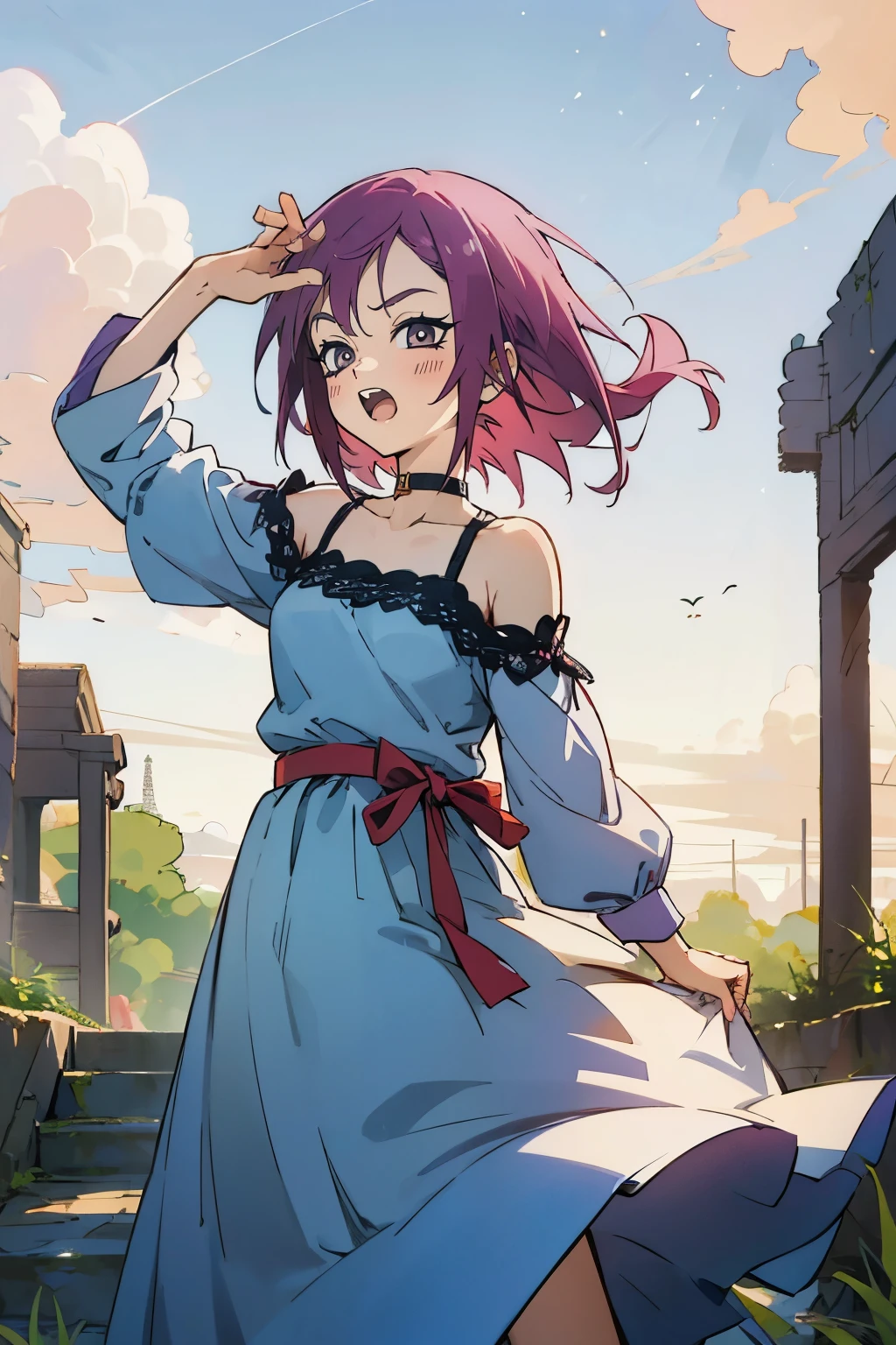 masutepiece, Best Quality, Ultra-detailed, Kisho, jigokuraku, 1 girl, reddish Purple hair, Gray eyes, showa town, Ruins, Bang, Beautiful sky, shining sky, Sunshine, ribbon, hair ribbon, Black Belt, black choker, blue dress, lace dress, sweater, off-shoulder sleeves, half-sleeves, white sleeves
