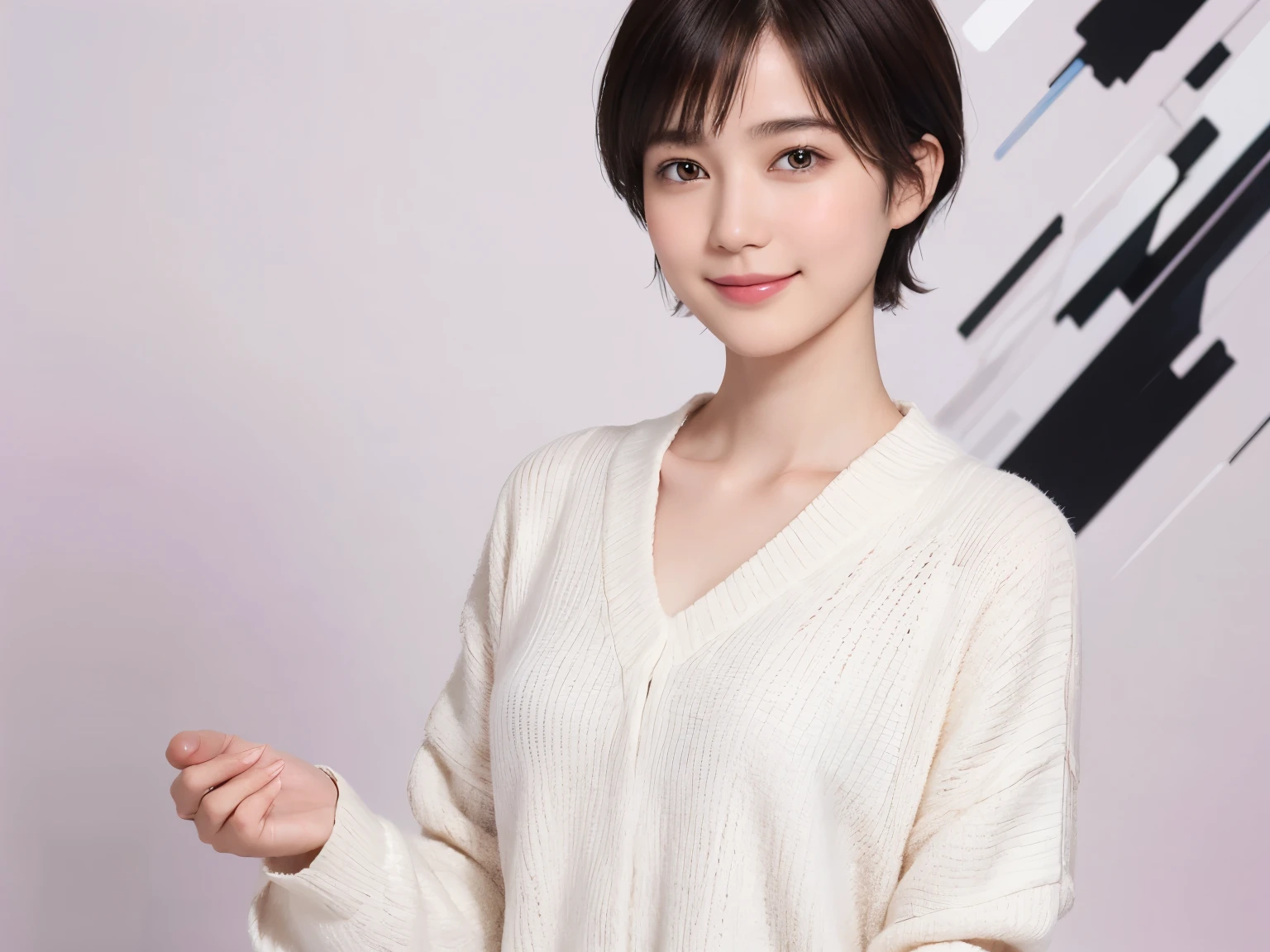 180 short hair, 20 year old female, gentle smile, (abstract background:1.46), (chest:1.2), long sleeve clothes