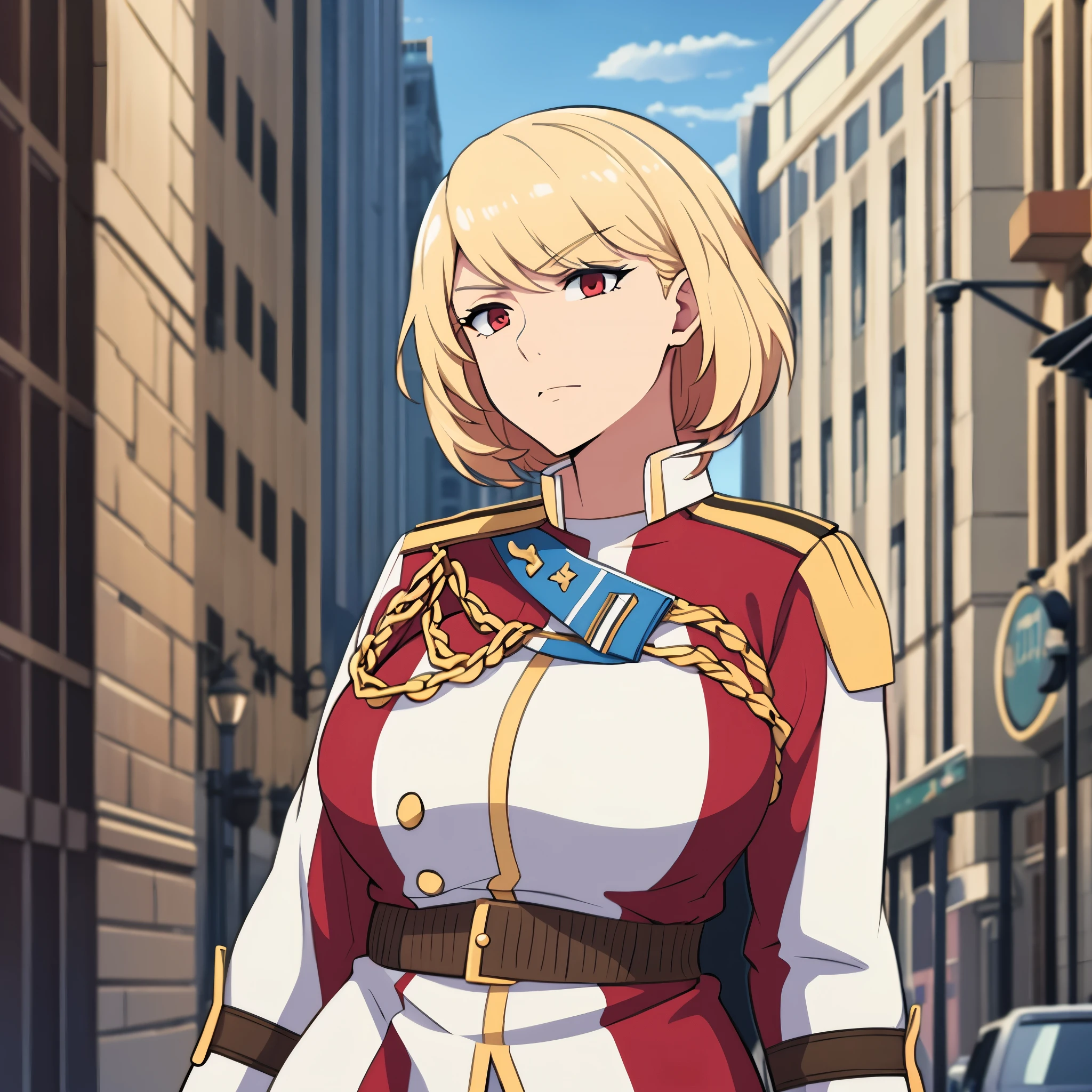 A woman wearing a white military uniform with gold details, medals, large breasts, short blonde hair, red eyes, in the city of London.