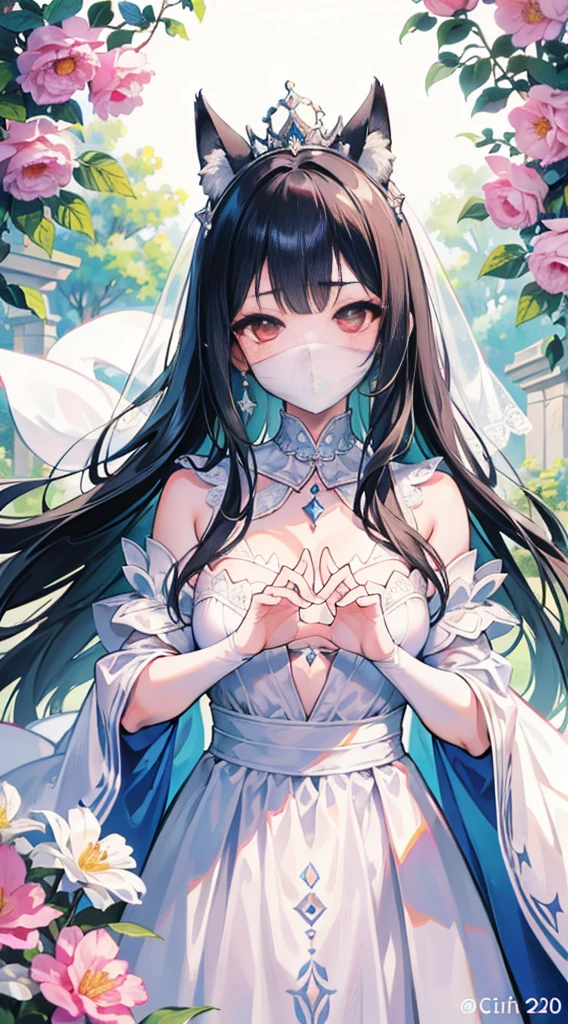 high quality, masterpiece, super detailed, 1 girl, extremely detailed faces,white lace bikini，white cloak，princess crown，Calm expression,White cloth gag，handcuffs，Collar，long black hair, charming pink eyes, fox ears,  castle，garden，waterside，