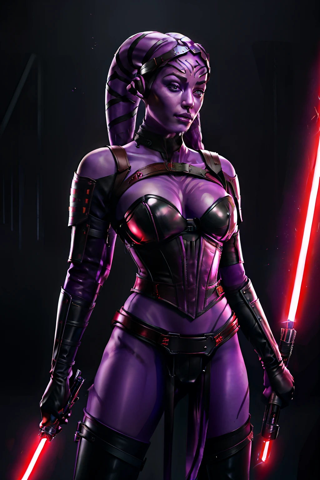 (purple skin, violet skin), Twi'lek woman, (red lightsaber), Sith twi'lek, black leather covered corset, shoulder pads, long sleeves, skirts, black trousers with red lacing, long boots, black leather boots, buckles, straps, Star Wars, vivid colours, foggy background, rtx on, masterpiece