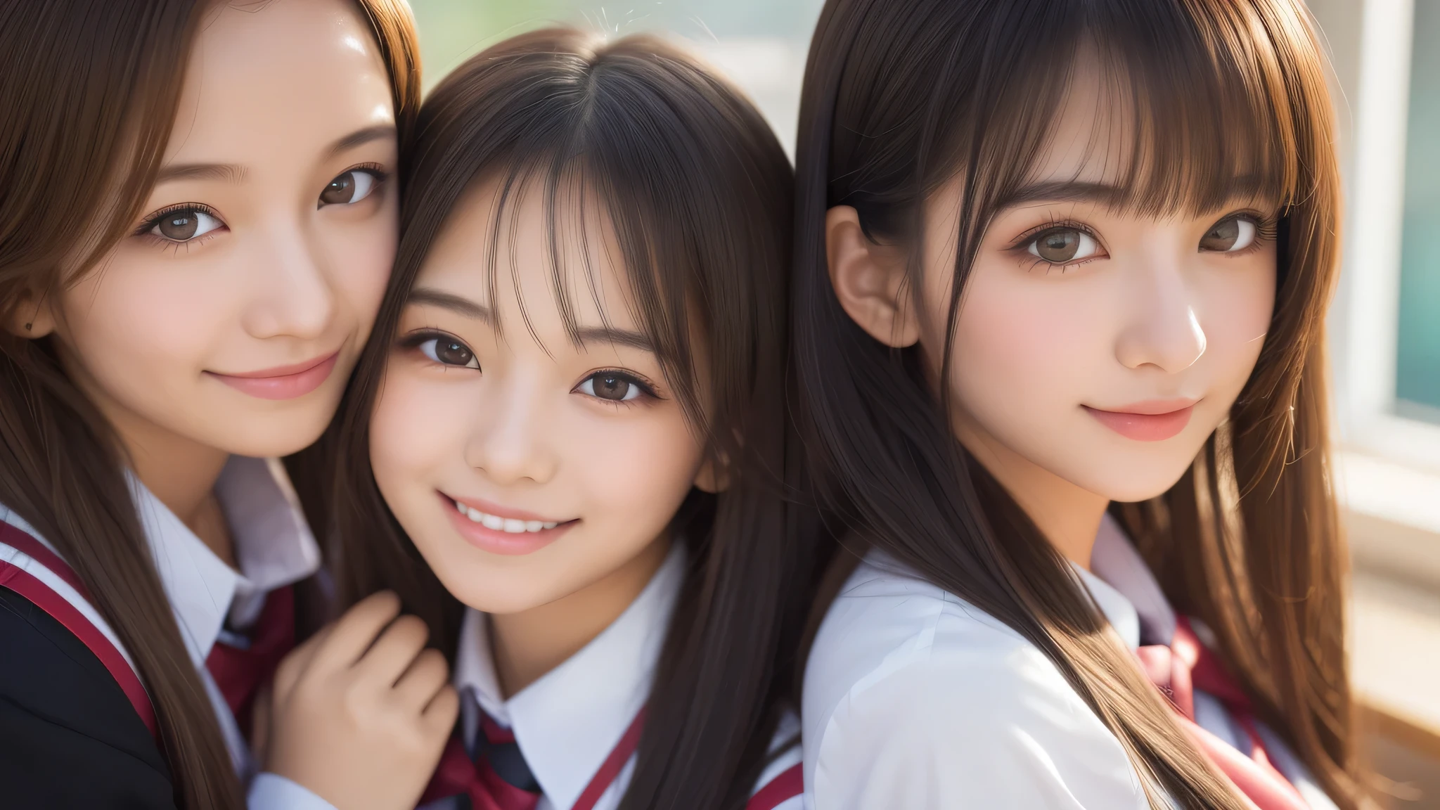(2 girls:1.2), incredibly beautiful face, enchanting smile, (school uniform, mini skirt:1.2), (highest quality: 1.4), (Super detailed), (highest quality:1.4), (Super detailed), evening, very high resolution, (Upper body), close up face, (School, classroom), School anime, anime illustration,