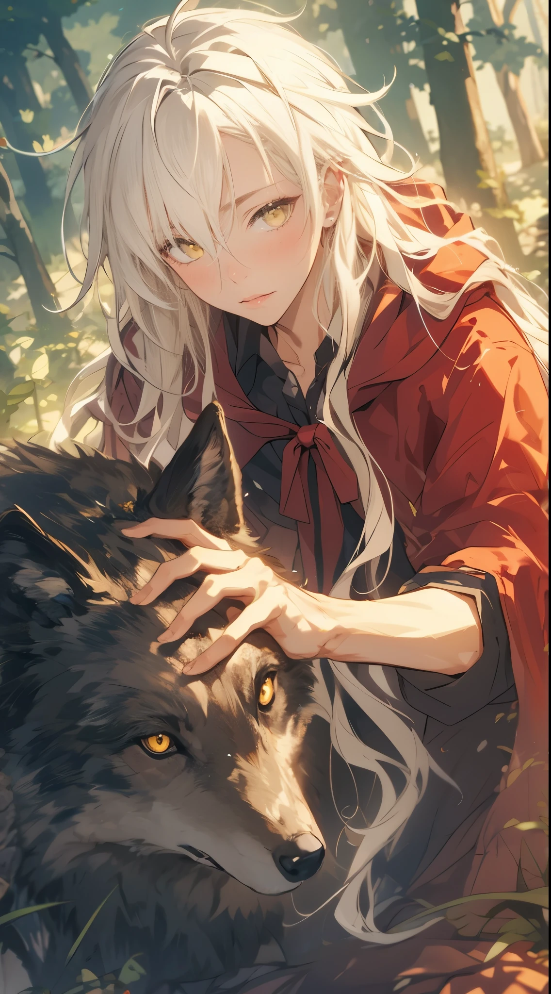 Beautiful young man, masculinization of Little Red Riding Hood, Yellow eyes, long white hair, He sits and pets the wolf,Masculine, handsome,forest in the background,high quality, amount of drawing, pixiv illustration