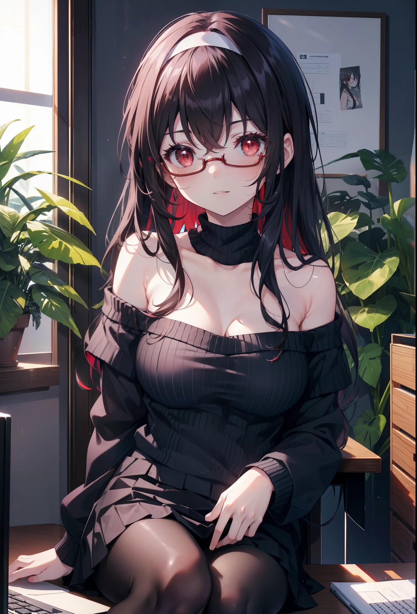 for profit, utaha kasumigaoka, black hair, hair band, long hair, (red eyes:1.5), smile,blush,Black Abyss glasses,off shoulder sweater,bare shoulders,naked neck,bare clavicle,long skirt,black pantyhose,There is a computer on the desk.,touch typing,interior,Foliage plant,sitting in a chair,
break looking at viewer,
break indoors, workroom,
break (masterpiece:1.2), highest quality, High resolution, unity 8k wallpaper, (figure:0.8), (detailed and beautiful eyes:1.6), highly detailed face, perfect lighting, Very detailed CG, (perfect hands, perfect anatomy),