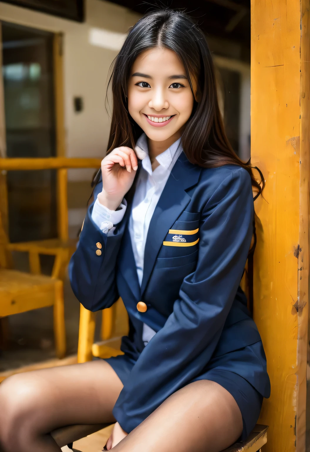 {{{シャツとblack stockingsを着た女性が木のベンチに座っている:smile:Big eyes:tear bag:double}}}, {{{spread your legs:large pubic hair}}}, girl in uniform, , hyper real , JK uniform, , japanese school uniform, japanese model, japanese girl uniform, {{black stockings},,{{bright from below」illumination}}