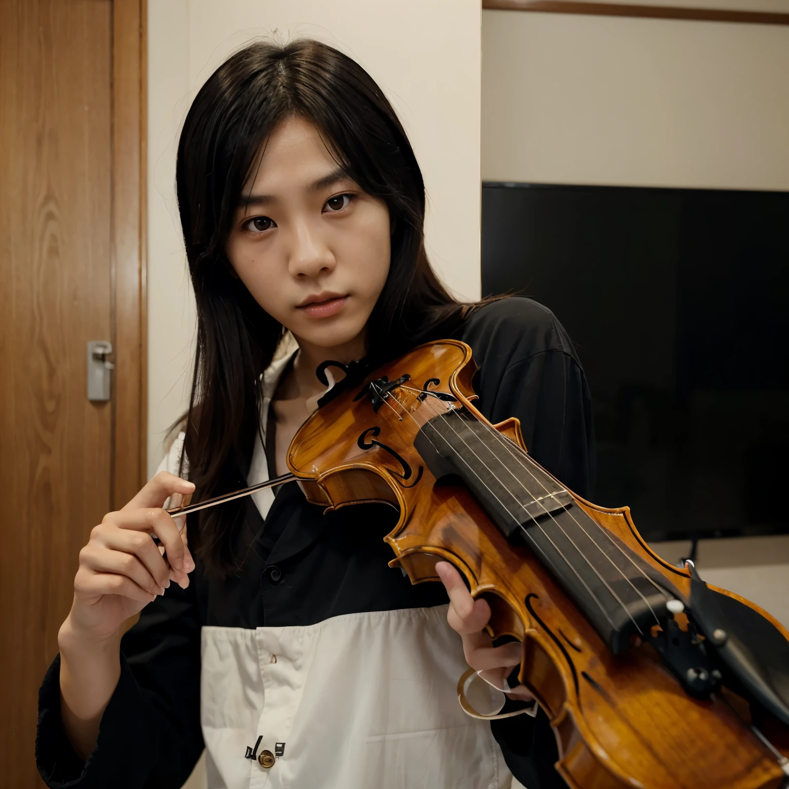 Young Japanese man like Hoseok with honey skin, black hair, long to the shoulder and straight, black eyes, playing violin. Realist.