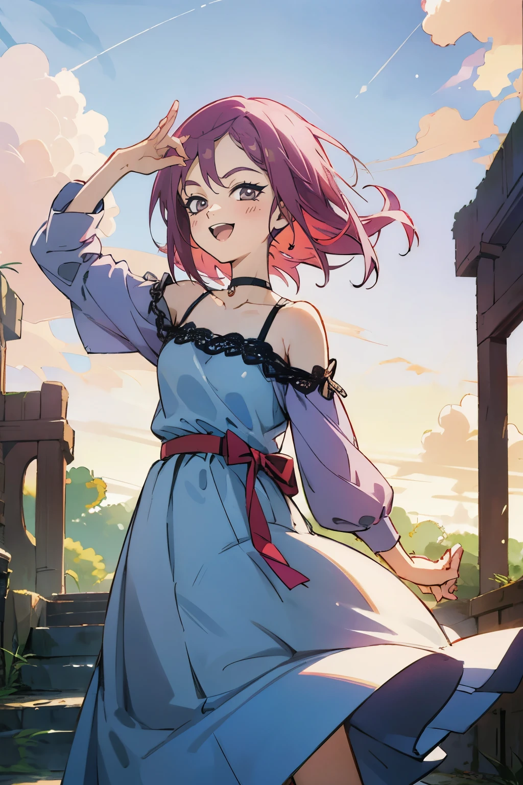 masutepiece, Best Quality, Ultra-detailed, Kisho, jigokuraku, 1 girl, reddish Purple hair, Gray eyes, showa town, Ruins, Bang, Beautiful sky, shining sky, Sunshine, ribbon, hair ribbon, Black Belt, black choker, blue dress, lace dress, sweater, off-shoulder sleeves, half-sleeves, white sleeves